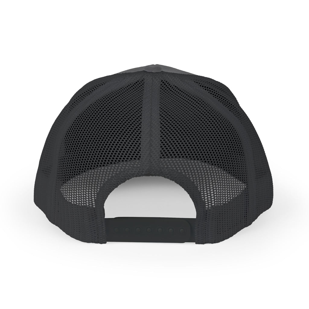 White Trucker Cap with 'Vibrate' Script Embroidery — Retro Mesh Snapback Hat