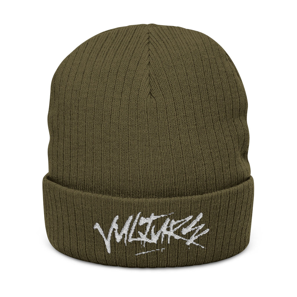 Embroidered Ribbed Beanie — Streetwear Black Knit Hat with White Graffiti Text