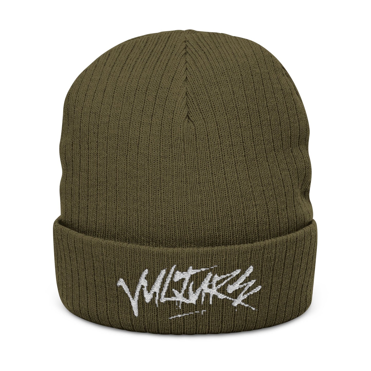 Embroidered Ribbed Beanie — Streetwear Black Knit Hat with White Graffiti Text