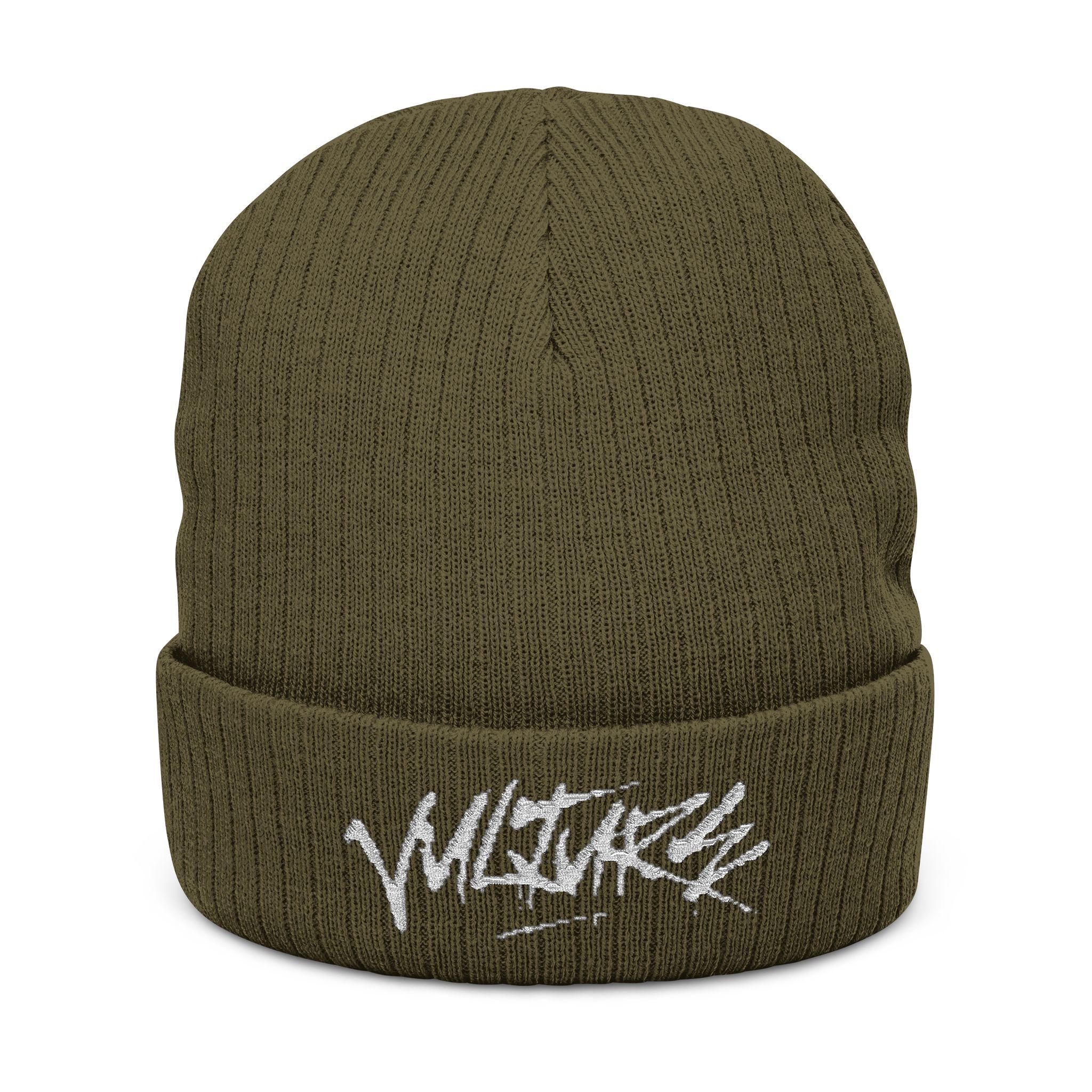 Embroidered Ribbed Beanie — Streetwear Black Knit Hat with White Graffiti Text