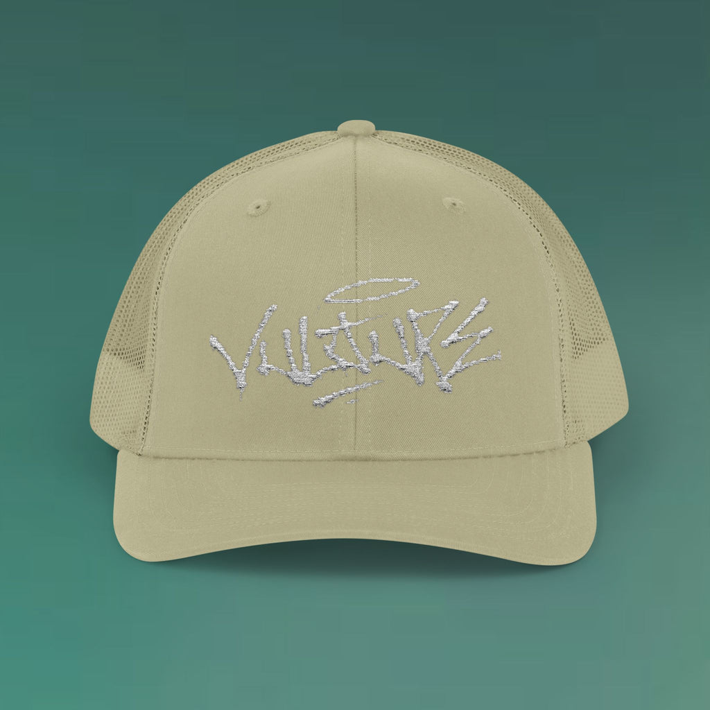 White Trucker Cap with 'Vibrate' Script Embroidery — Retro Mesh Snapback Hat