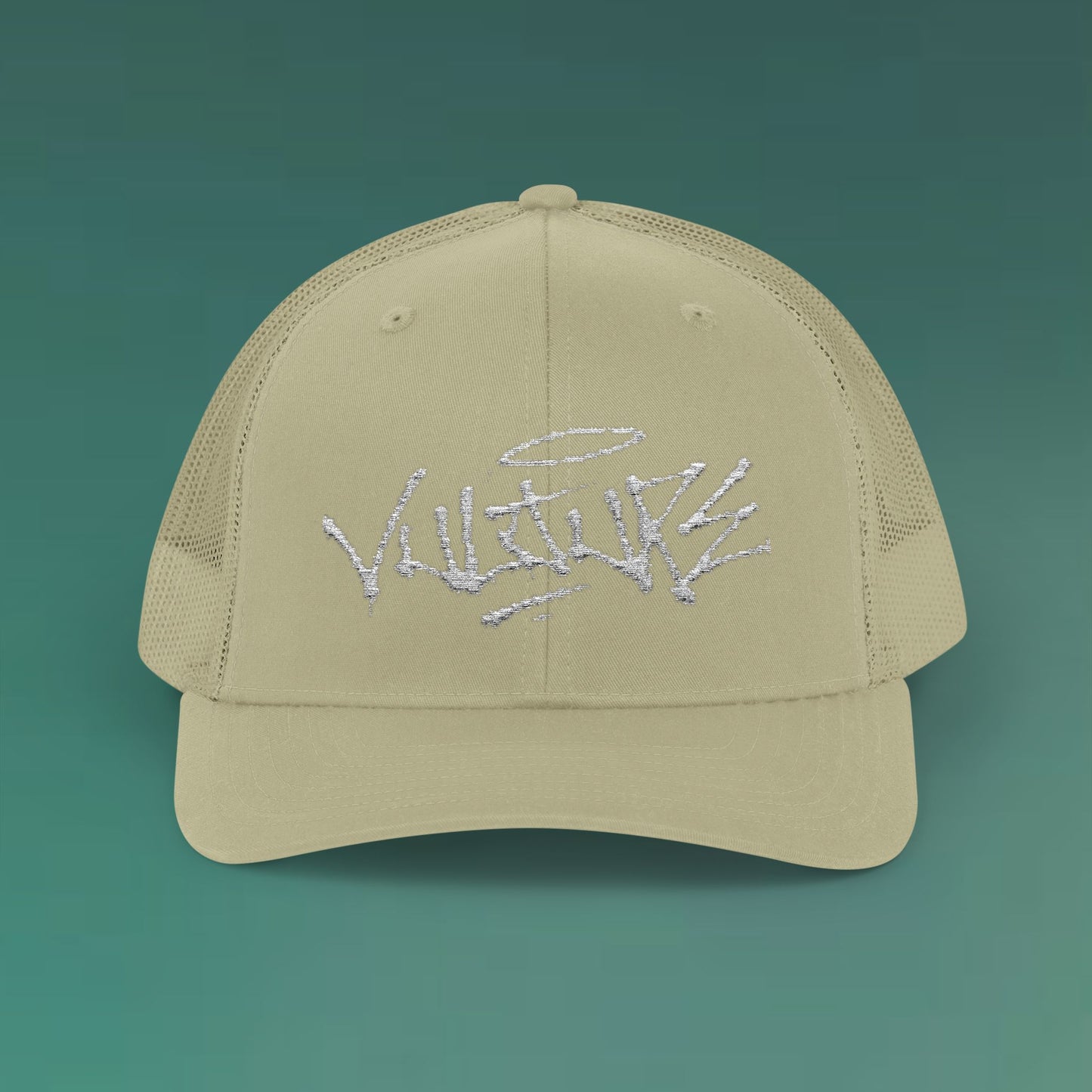 White Trucker Cap with 'Vibrate' Script Embroidery — Retro Mesh Snapback Hat