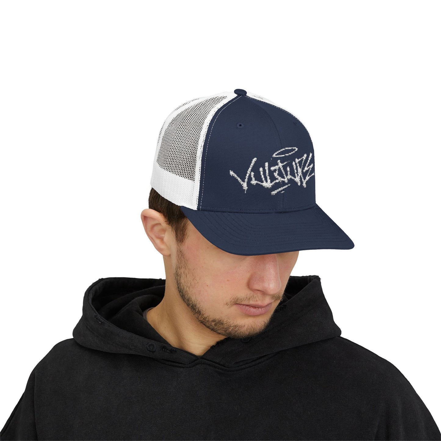 White Trucker Cap with 'Vibrate' Script Embroidery — Retro Mesh Snapback Hat
