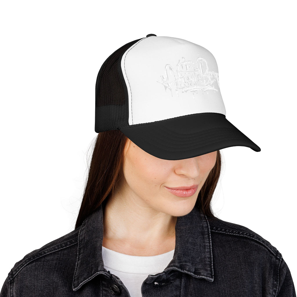 Graffiti Script Trucker Hat — White Drip Logo Foam Cap