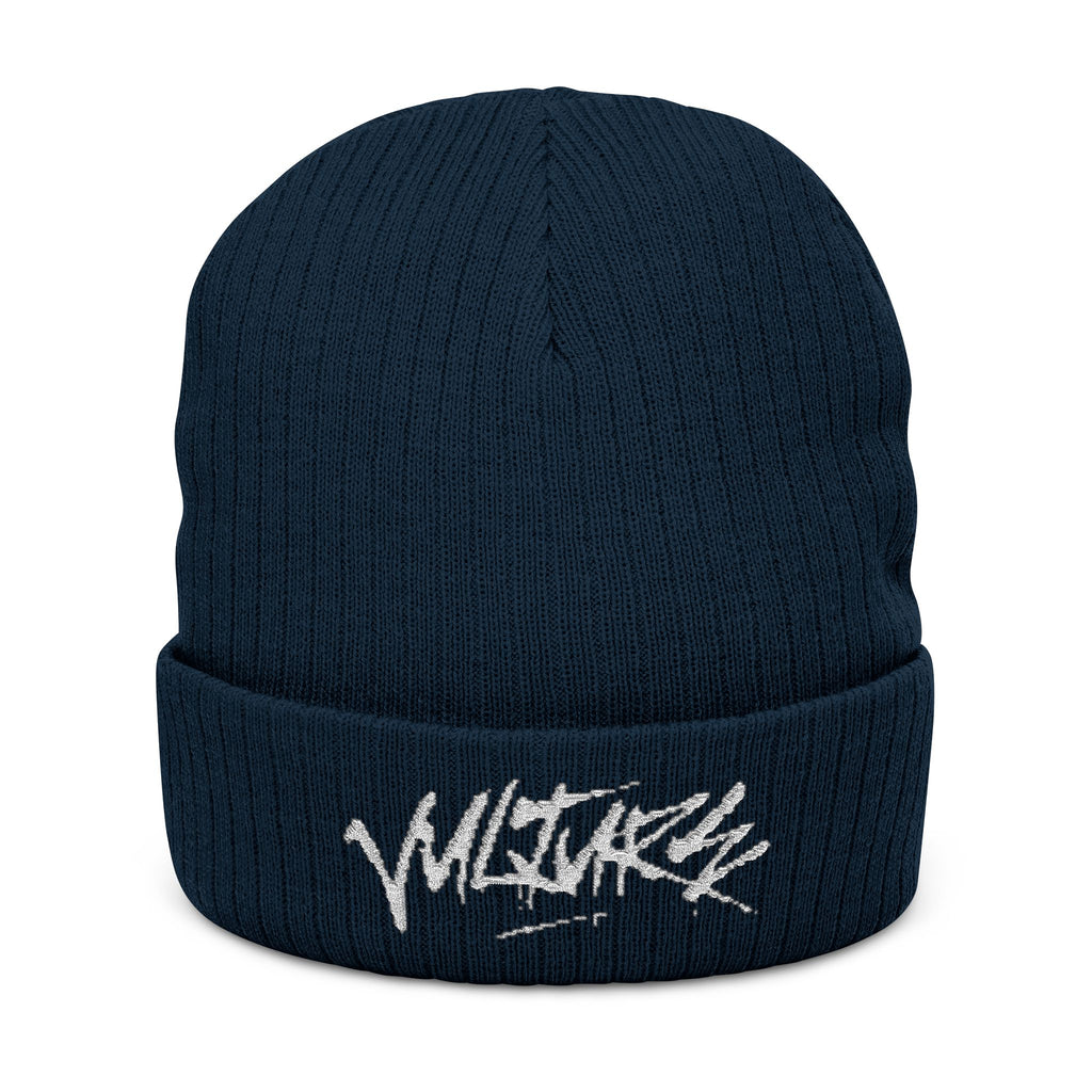 Embroidered Ribbed Beanie — Streetwear Black Knit Hat with White Graffiti Text