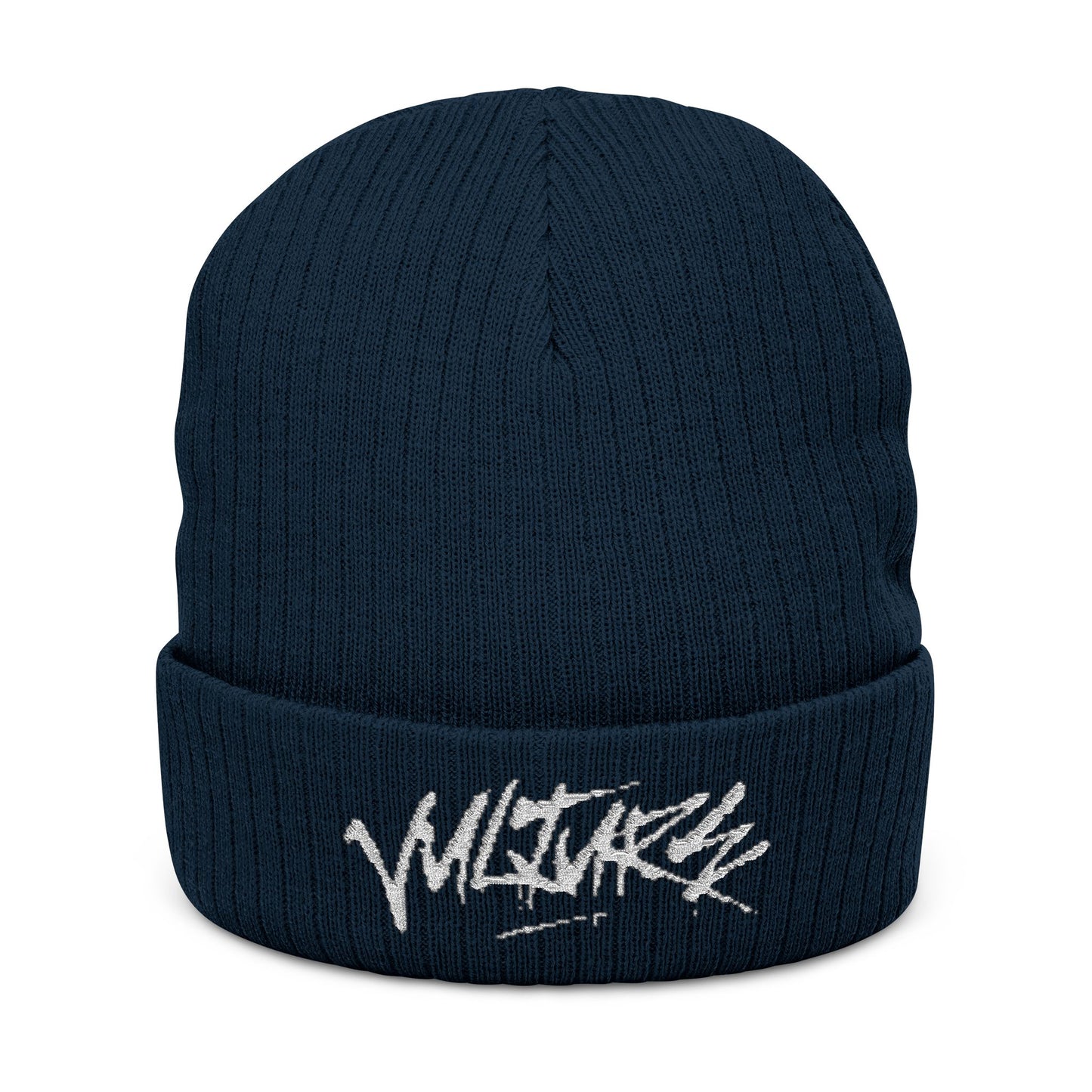 Embroidered Ribbed Beanie — Streetwear Black Knit Hat with White Graffiti Text