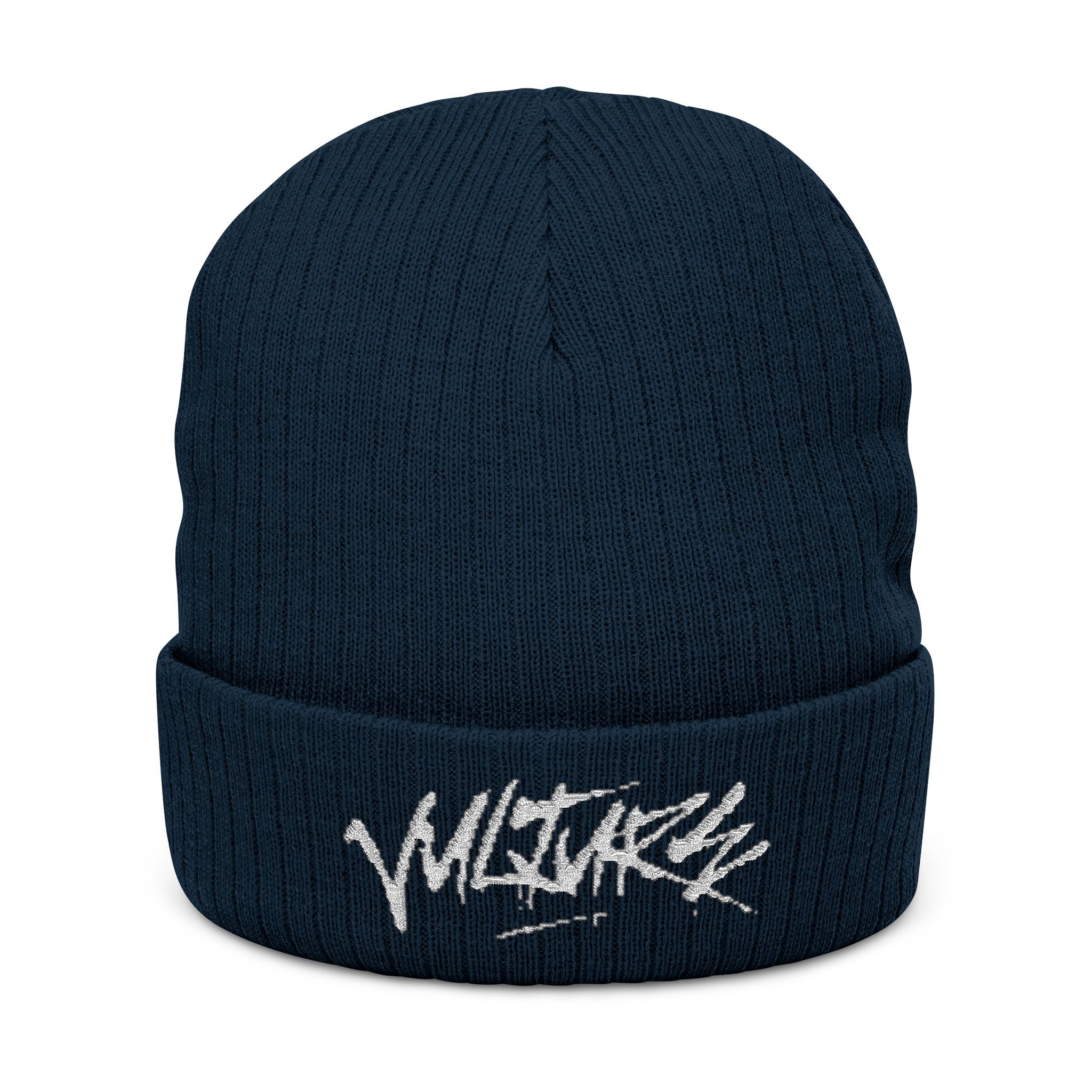 Embroidered Ribbed Beanie — Streetwear Black Knit Hat with White Graffiti Text
