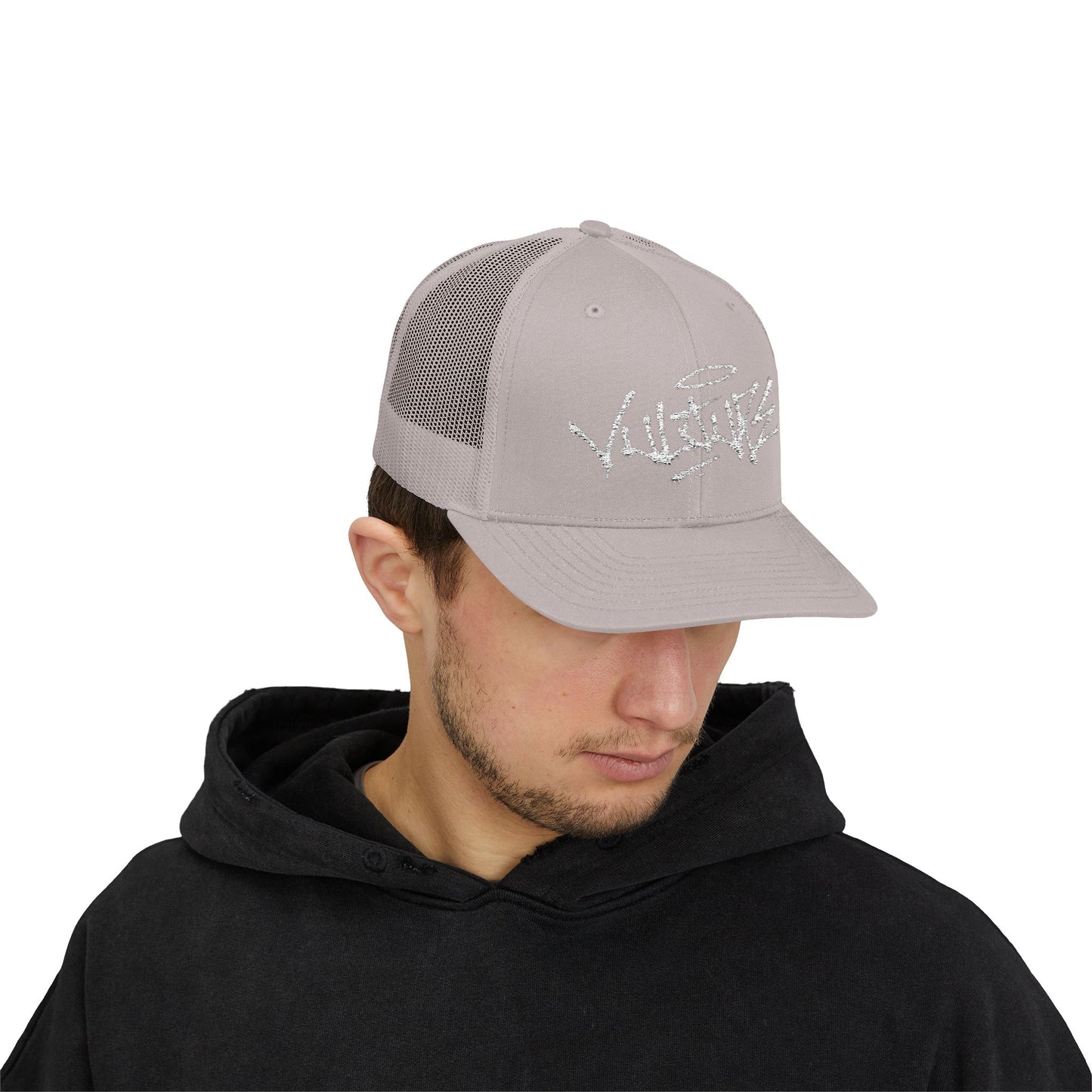 White Trucker Cap with 'Vibrate' Script Embroidery — Retro Mesh Snapback Hat