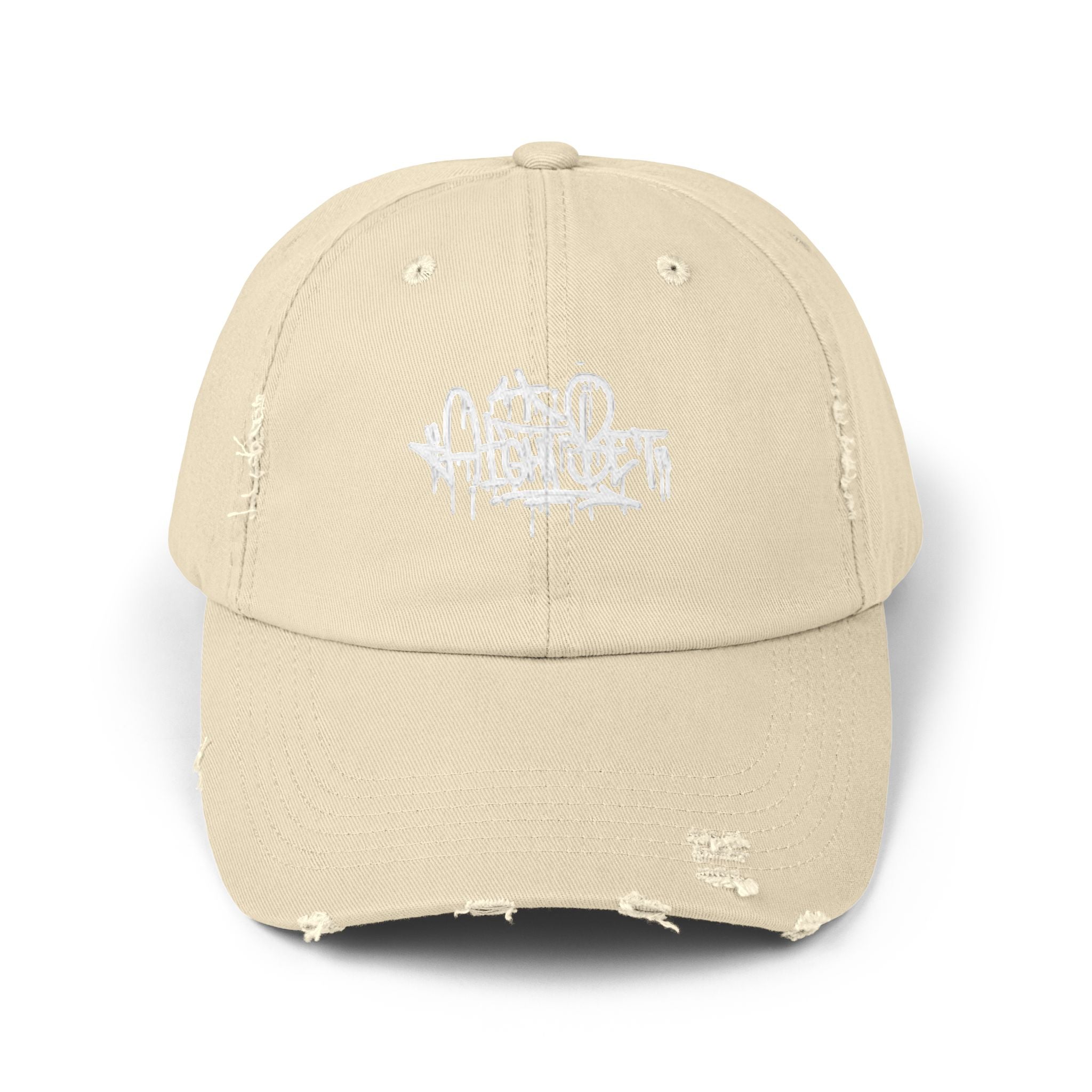 Distressed Black Cap with White Graffiti Logo – Urban Streetwear Hat