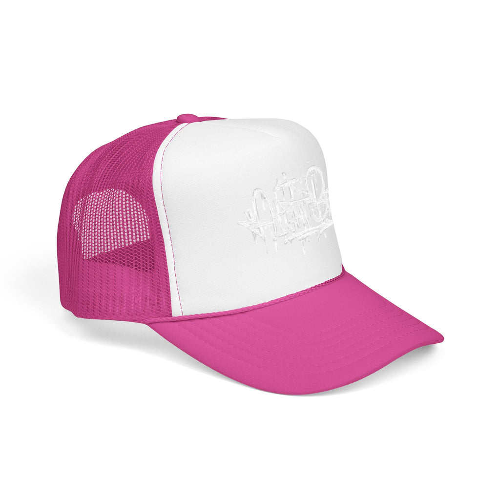 Graffiti Script Trucker Hat — White Drip Logo Foam Cap