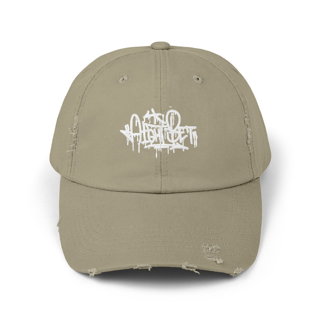 Distressed Black Cap with White Graffiti Logo – Urban Streetwear Hat