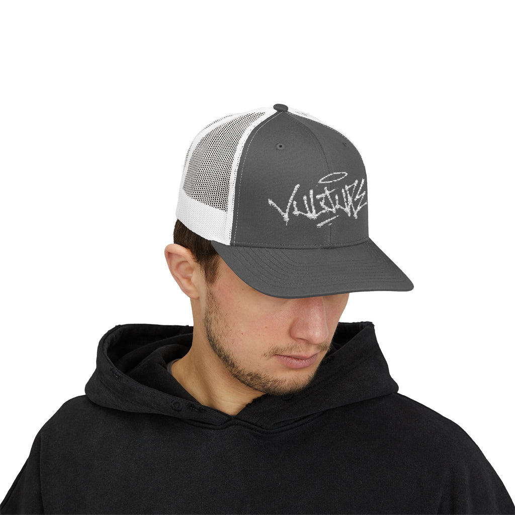 White Trucker Cap with 'Vibrate' Script Embroidery — Retro Mesh Snapback Hat