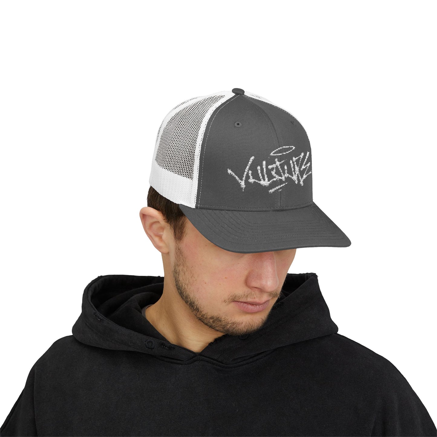 White Trucker Cap with 'Vibrate' Script Embroidery — Retro Mesh Snapback Hat
