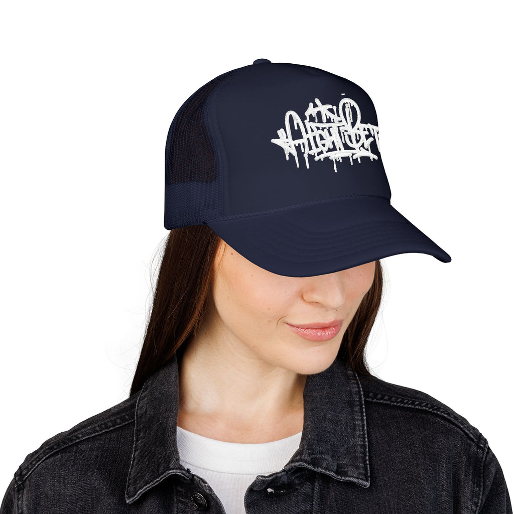 Graffiti Script Trucker Hat — White Drip Logo Foam Cap