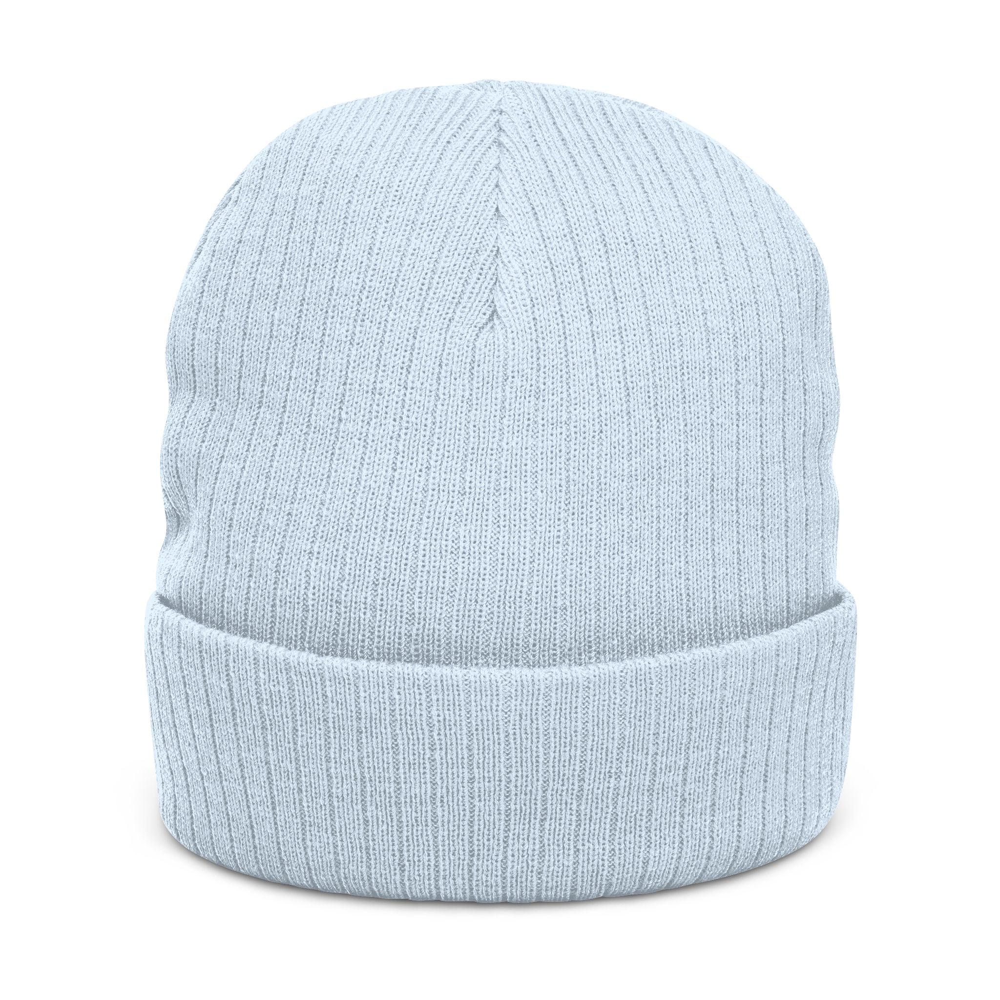 Embroidered Ribbed Beanie — Streetwear Black Knit Hat with White Graffiti Text