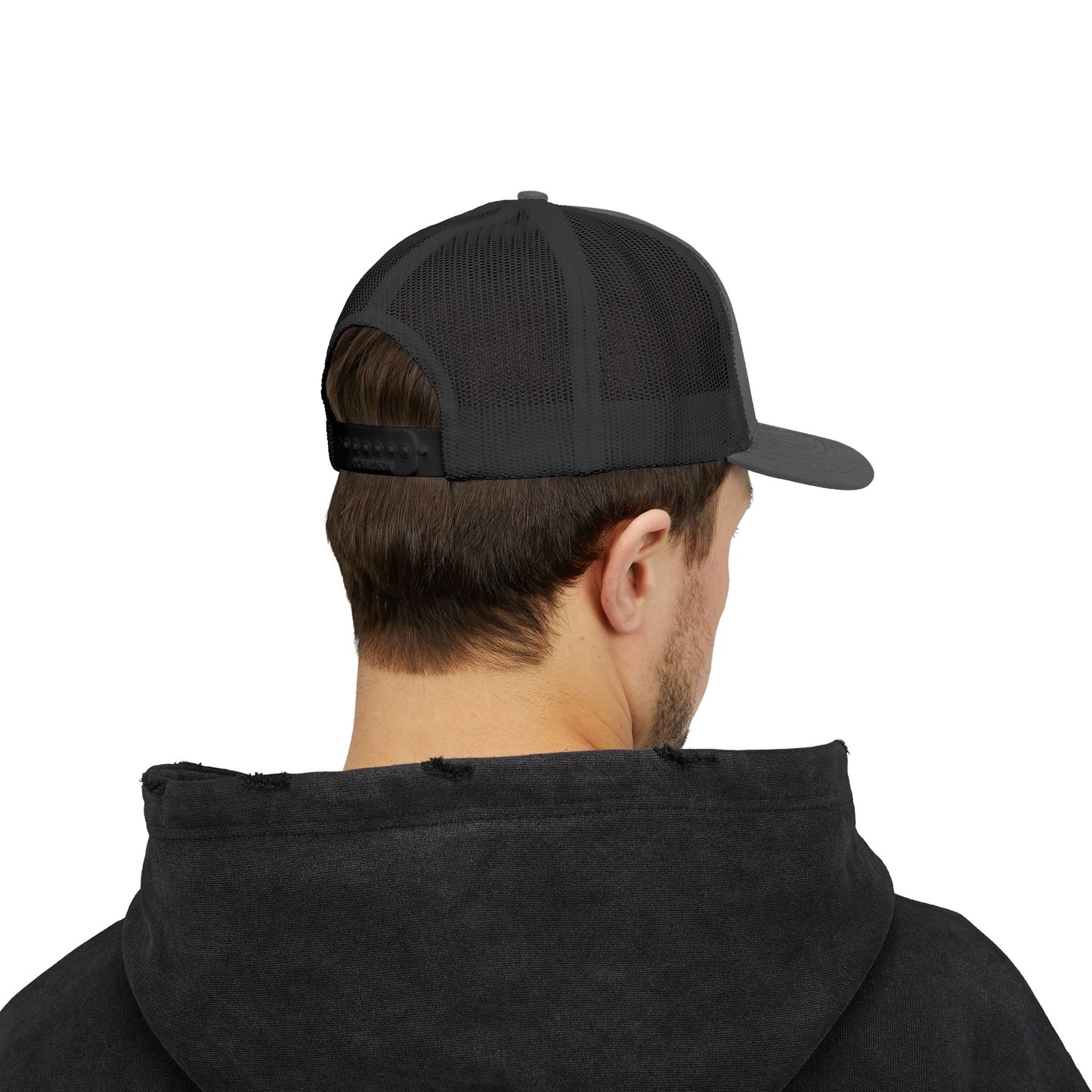 White Trucker Cap with 'Vibrate' Script Embroidery — Retro Mesh Snapback Hat