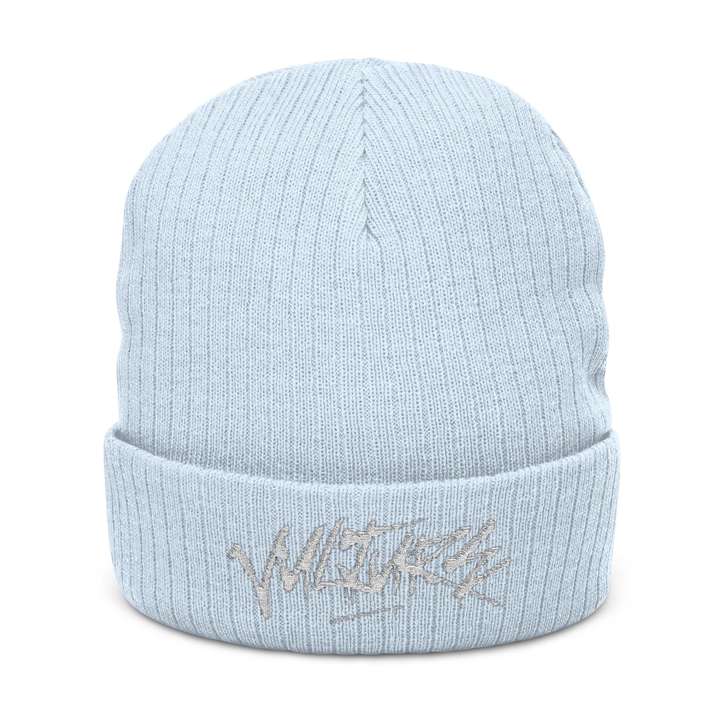 Embroidered Ribbed Beanie — Streetwear Black Knit Hat with White Graffiti Text