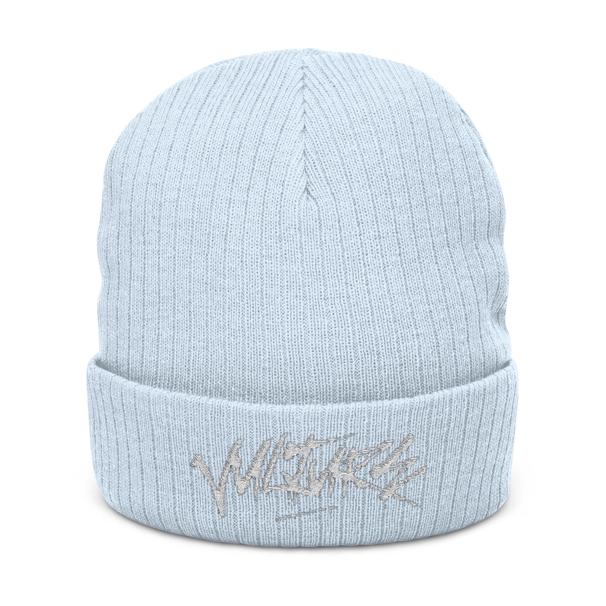 Embroidered Ribbed Beanie — Streetwear Black Knit Hat with White Graffiti Text