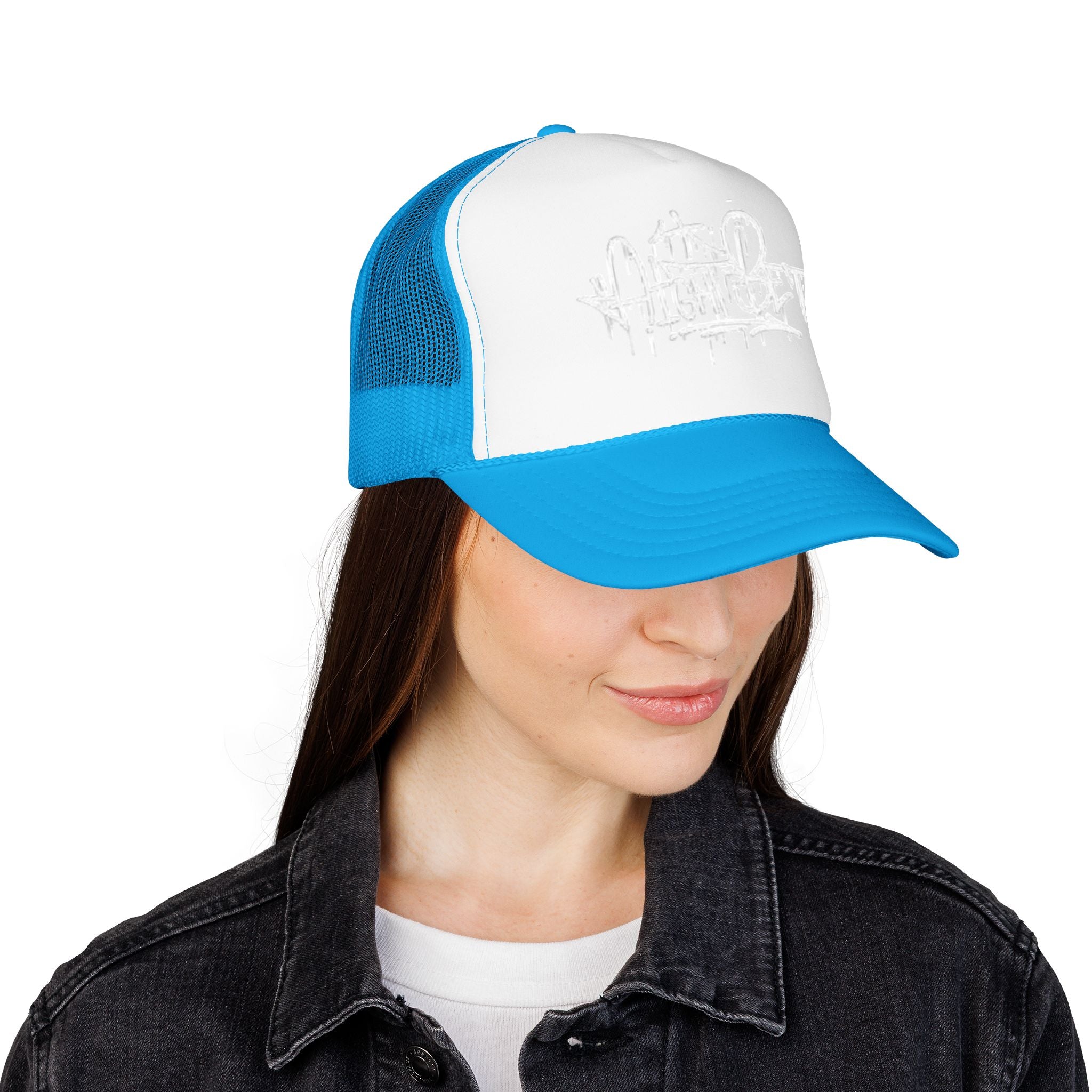 Graffiti Script Trucker Hat — White Drip Logo Foam Cap