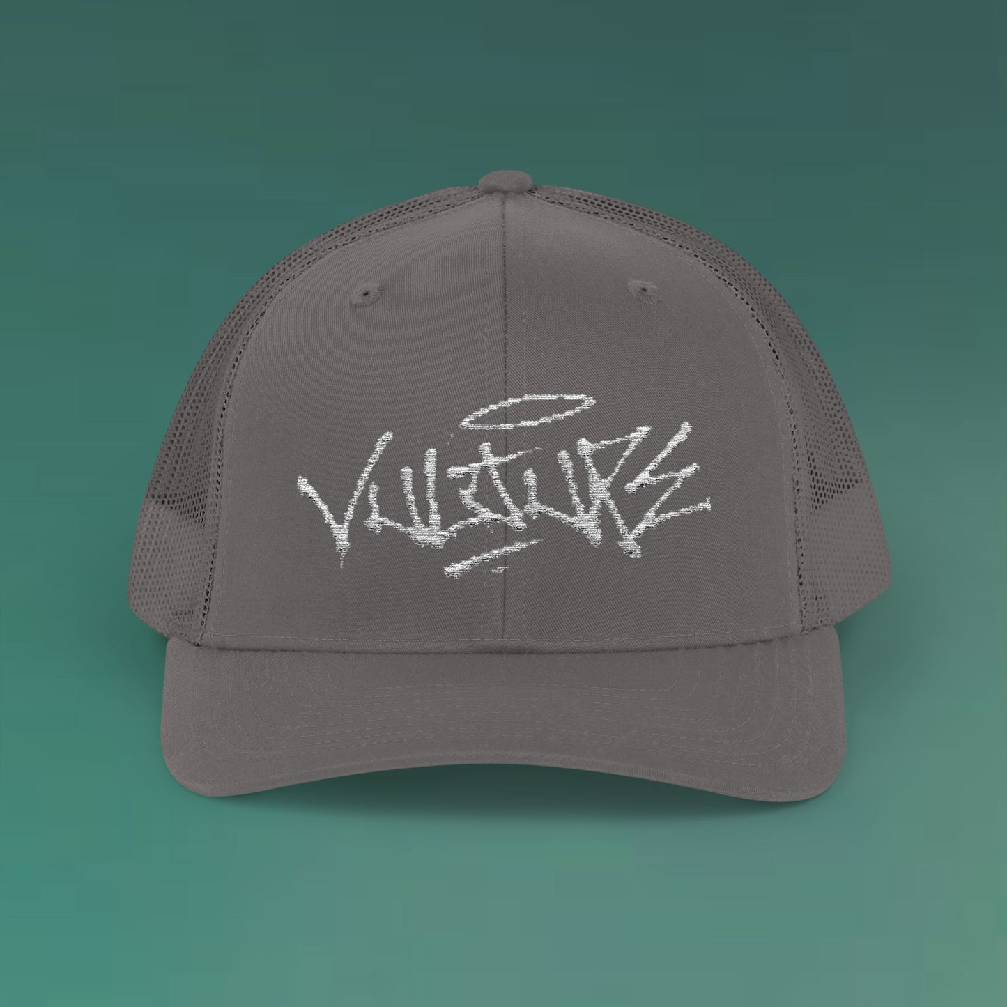 White Trucker Cap with 'Vibrate' Script Embroidery — Retro Mesh Snapback Hat