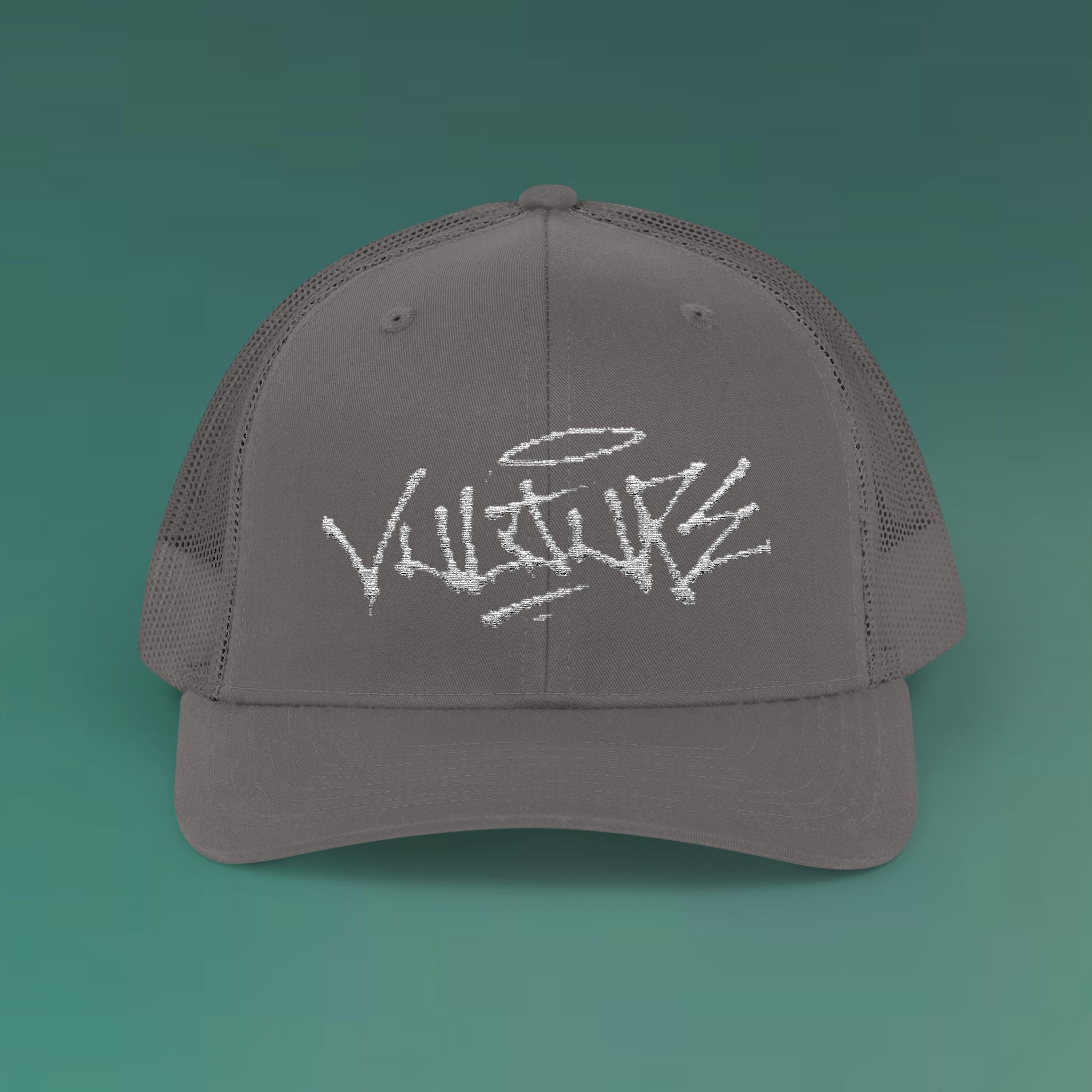 White Trucker Cap with 'Vibrate' Script Embroidery — Retro Mesh Snapback Hat