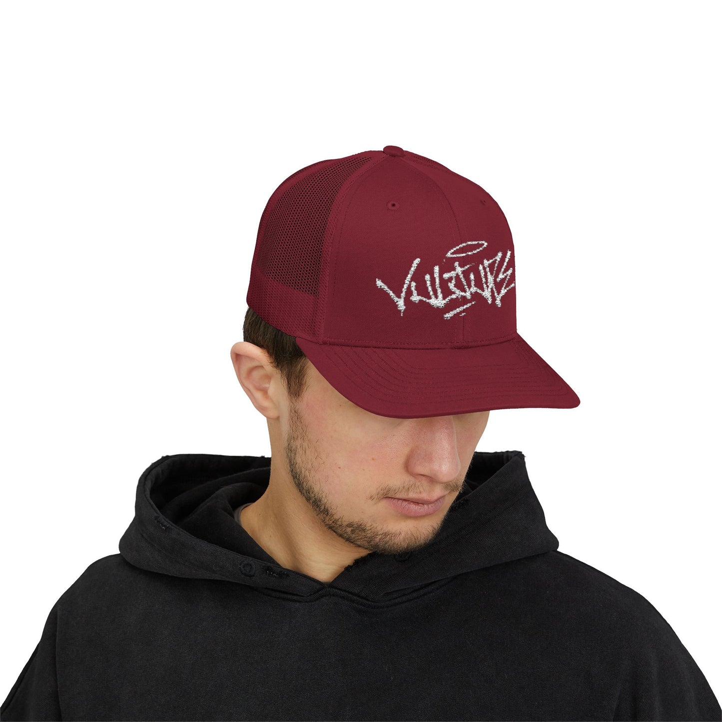 White Trucker Cap with 'Vibrate' Script Embroidery — Retro Mesh Snapback Hat
