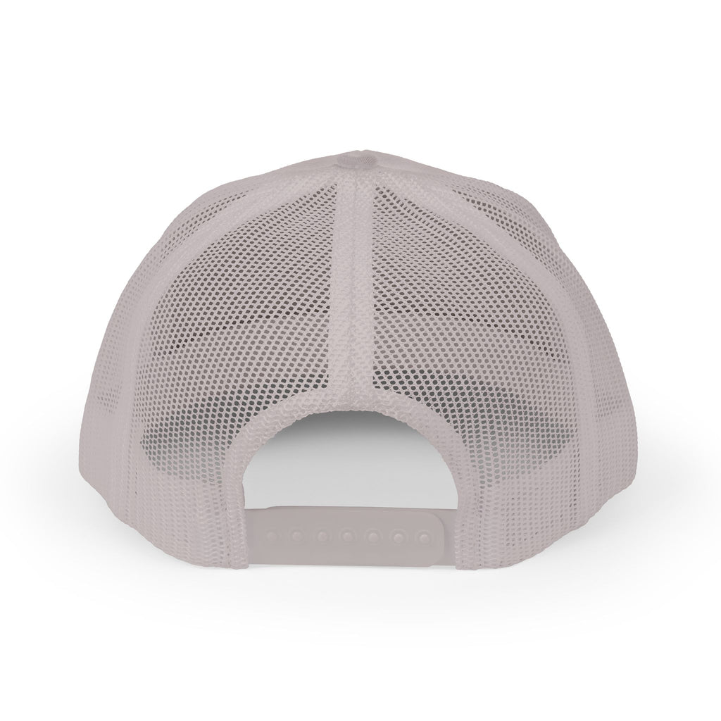 White Trucker Cap with 'Vibrate' Script Embroidery — Retro Mesh Snapback Hat