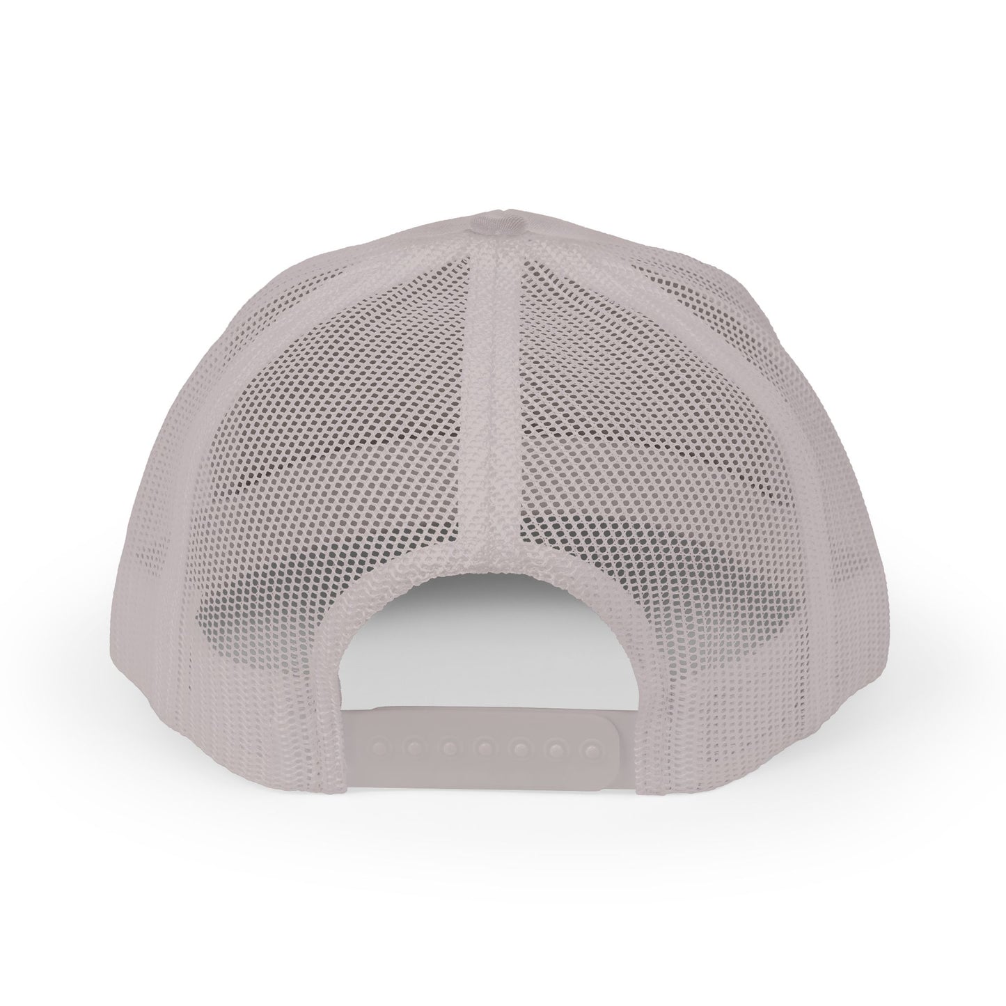 White Trucker Cap with 'Vibrate' Script Embroidery — Retro Mesh Snapback Hat