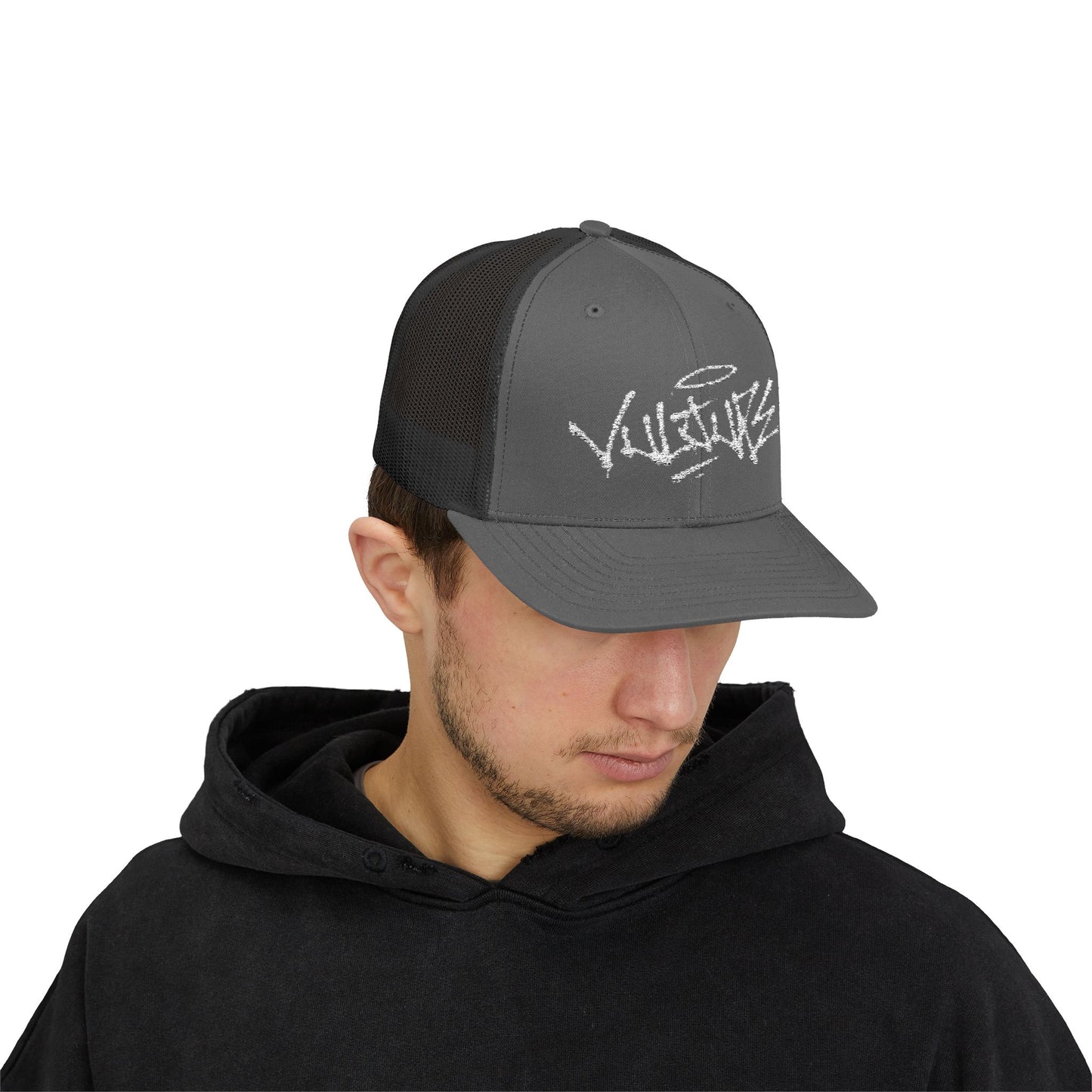 White Trucker Cap with 'Vibrate' Script Embroidery — Retro Mesh Snapback Hat