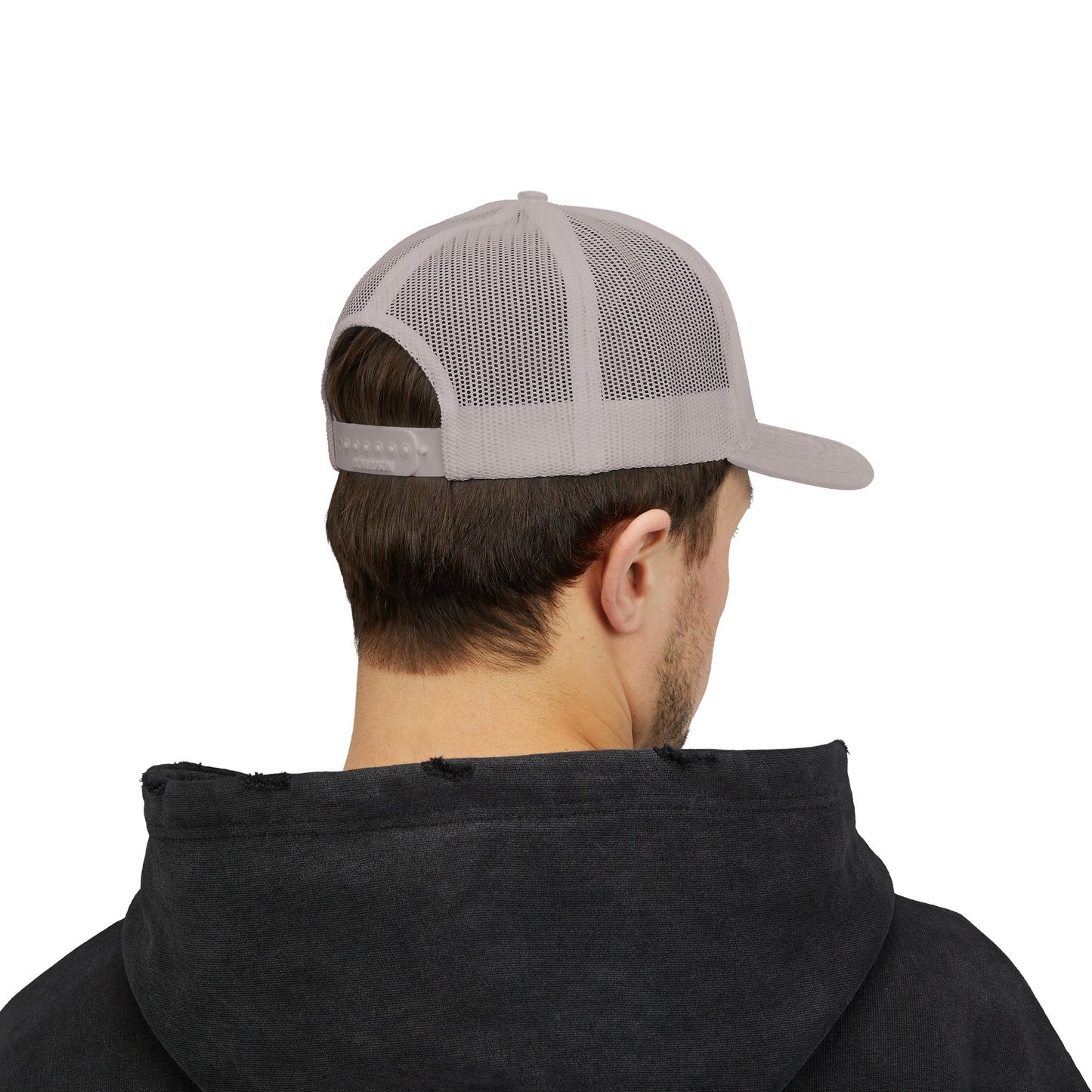 White Trucker Cap with 'Vibrate' Script Embroidery — Retro Mesh Snapback Hat