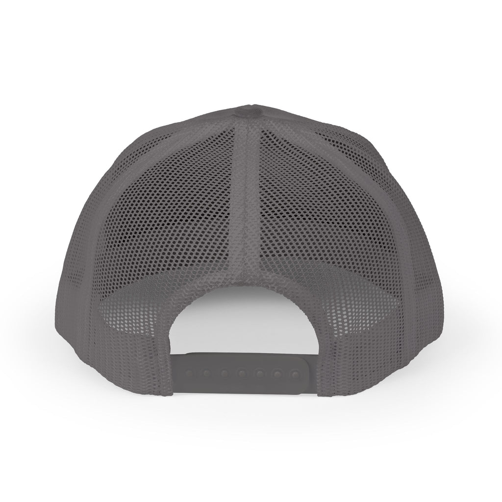 White Trucker Cap with 'Vibrate' Script Embroidery — Retro Mesh Snapback Hat