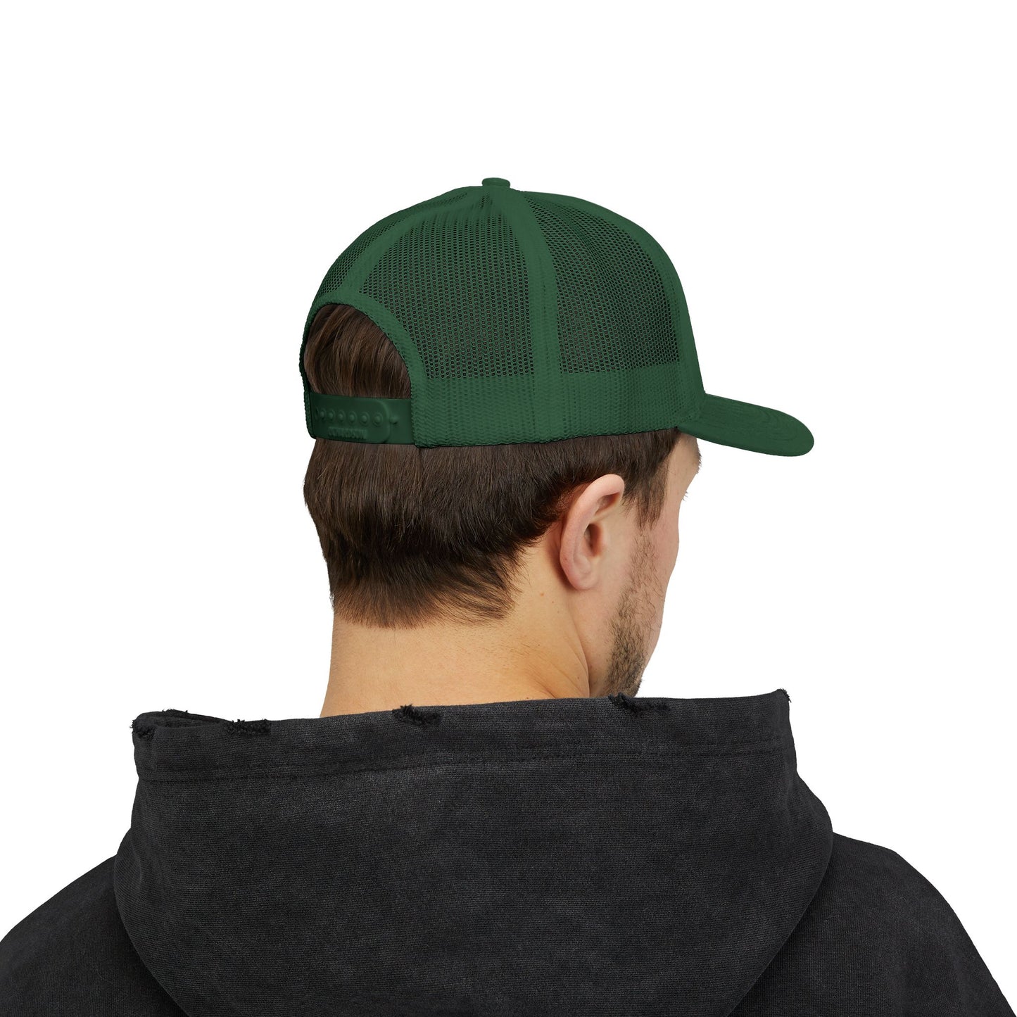 White Trucker Cap with 'Vibrate' Script Embroidery — Retro Mesh Snapback Hat