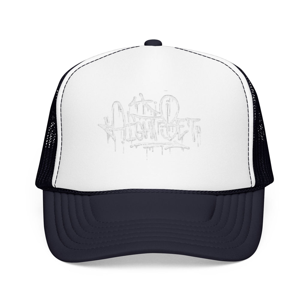 Graffiti Script Trucker Hat — White Drip Logo Foam Cap