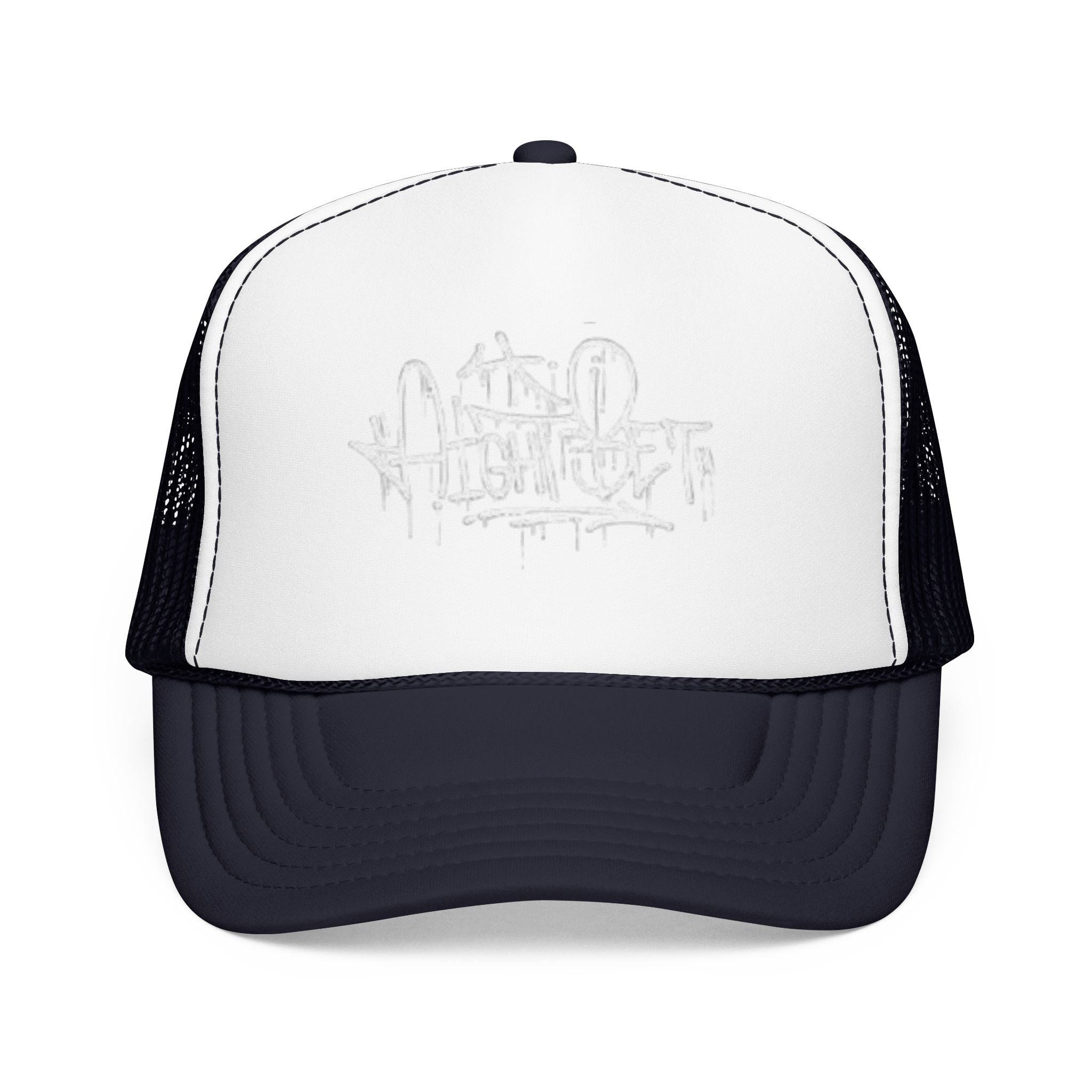 Graffiti Script Trucker Hat — White Drip Logo Foam Cap