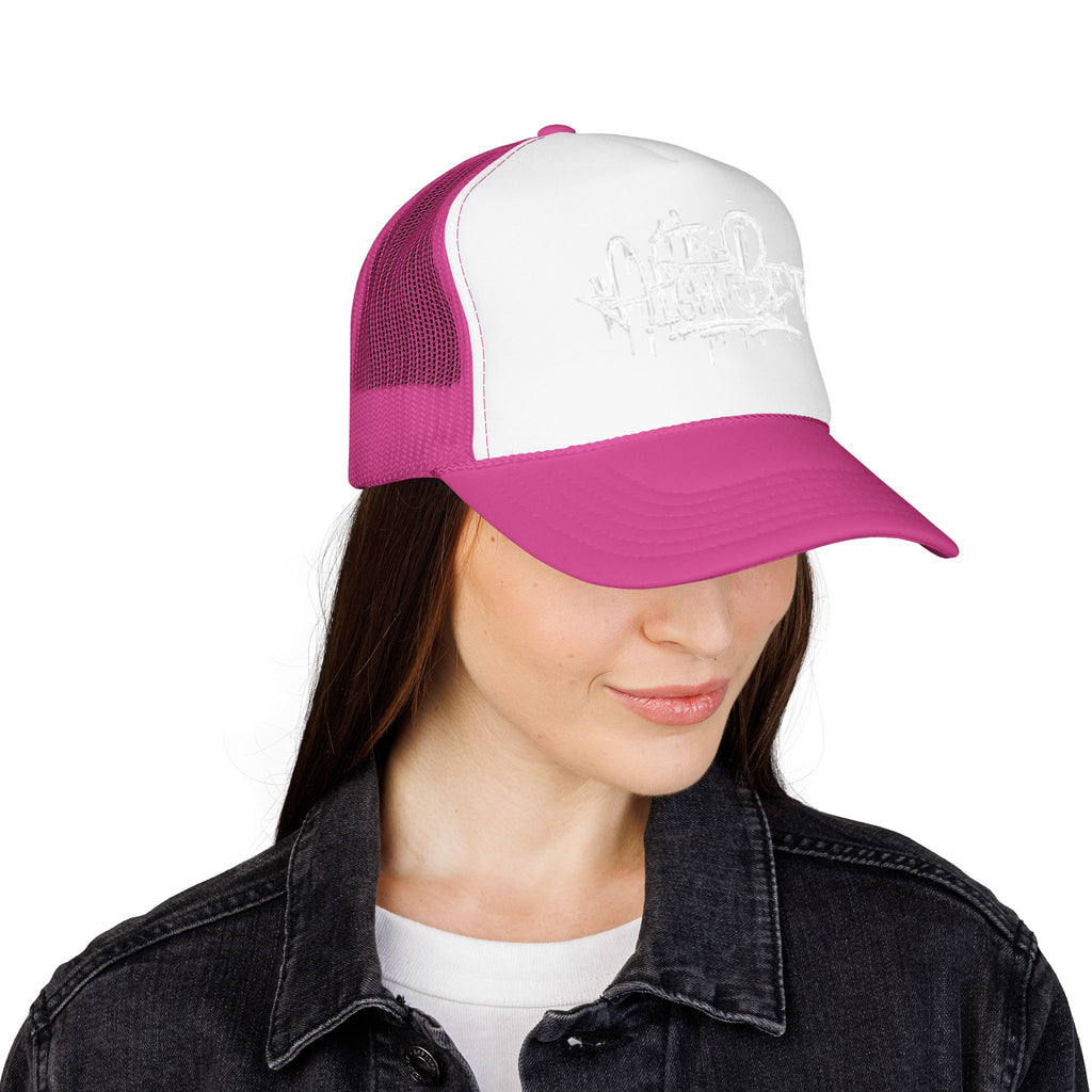 Graffiti Script Trucker Hat — White Drip Logo Foam Cap