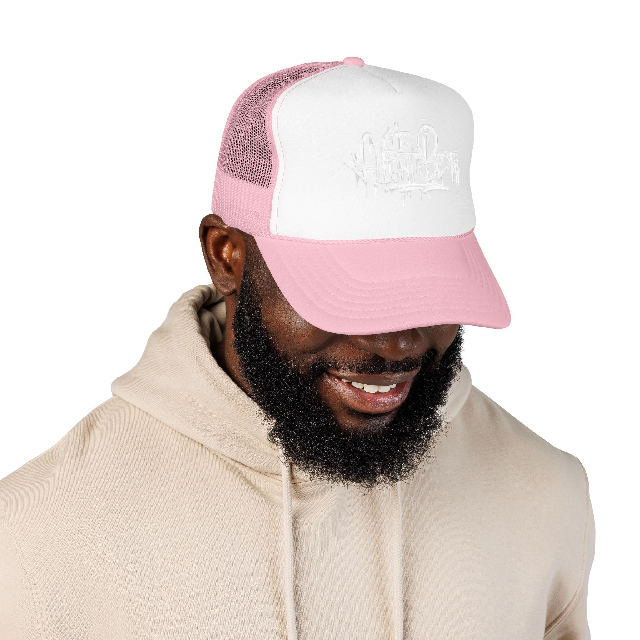 Graffiti Script Trucker Hat — White Drip Logo Foam Cap