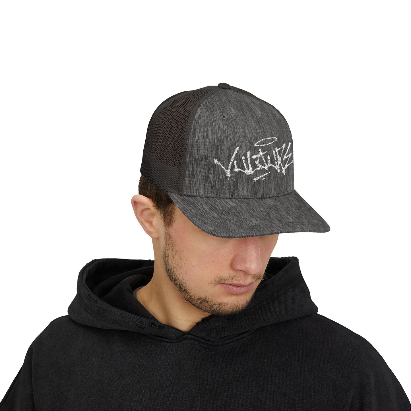 White Trucker Cap with 'Vibrate' Script Embroidery — Retro Mesh Snapback Hat