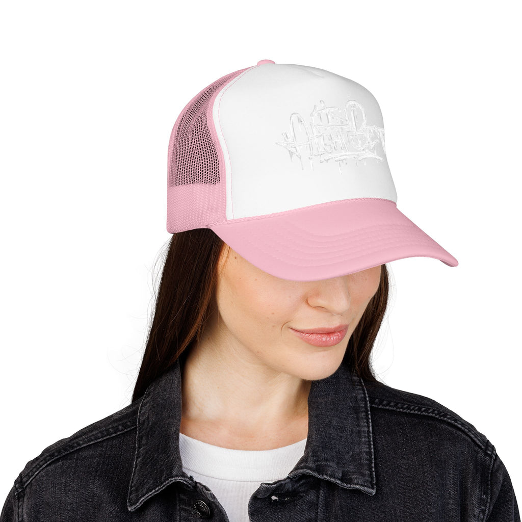Graffiti Script Trucker Hat — White Drip Logo Foam Cap