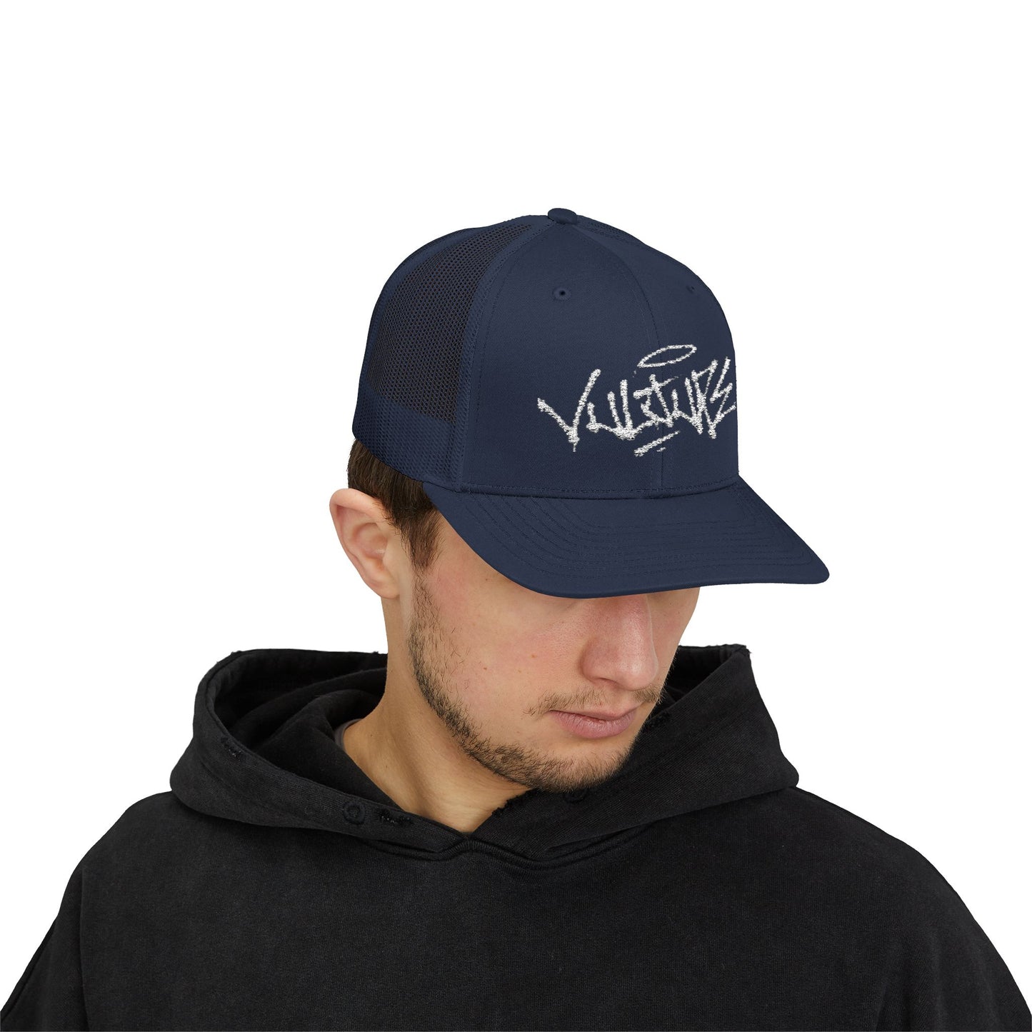White Trucker Cap with 'Vibrate' Script Embroidery — Retro Mesh Snapback Hat