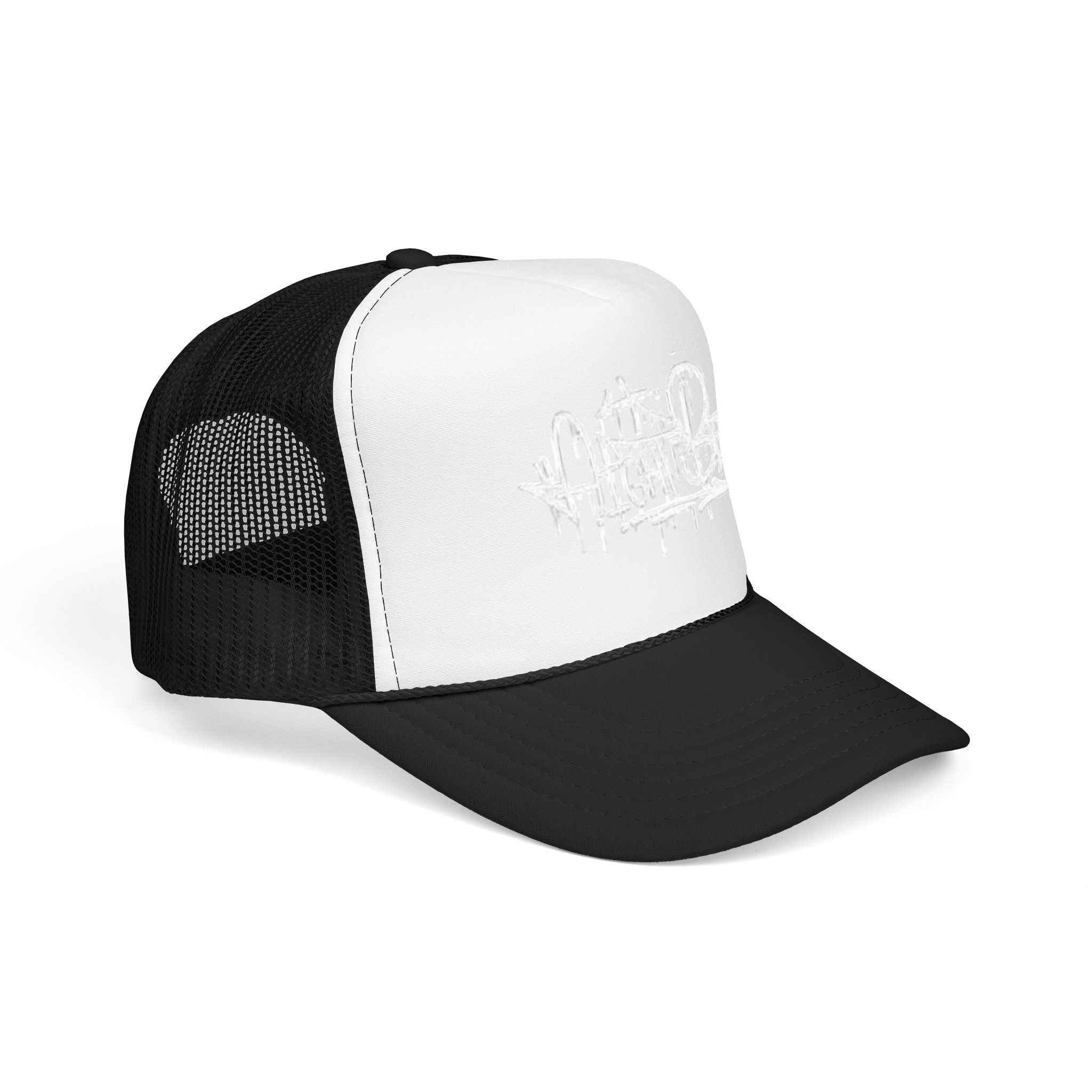 Graffiti Script Trucker Hat — White Drip Logo Foam Cap