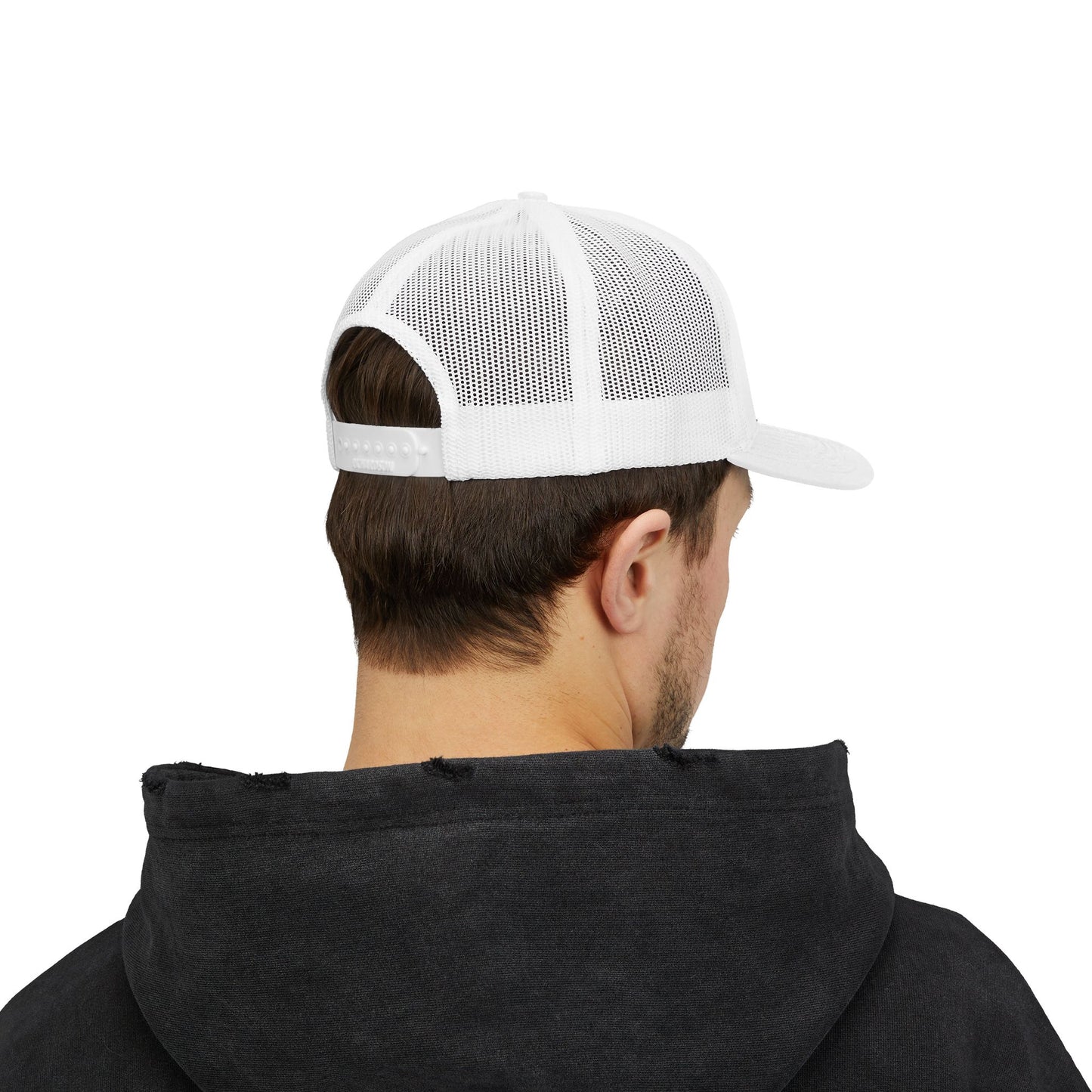 White Trucker Cap with 'Vibrate' Script Embroidery — Retro Mesh Snapback Hat