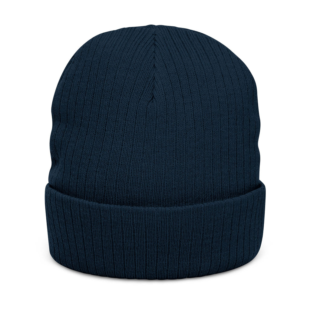 Embroidered Ribbed Beanie — Streetwear Black Knit Hat with White Graffiti Text