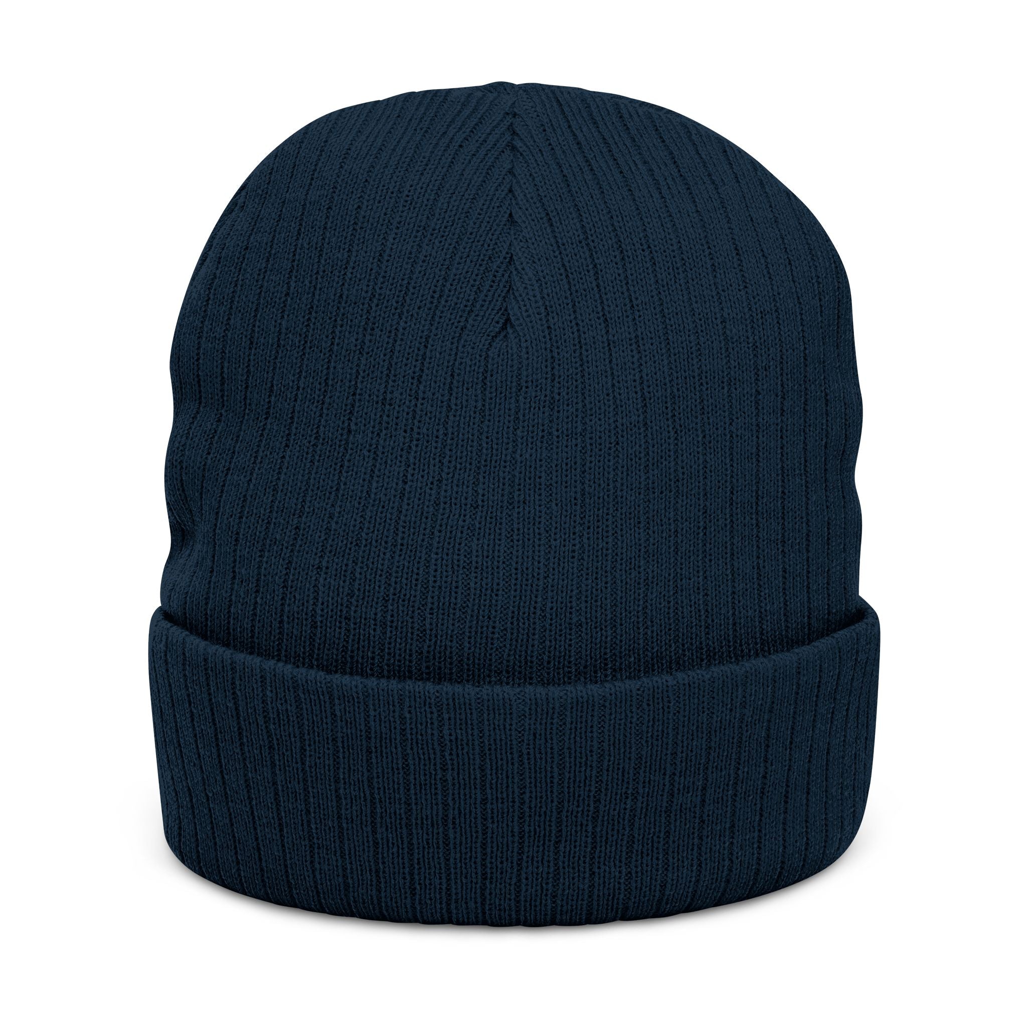 Embroidered Ribbed Beanie — Streetwear Black Knit Hat with White Graffiti Text