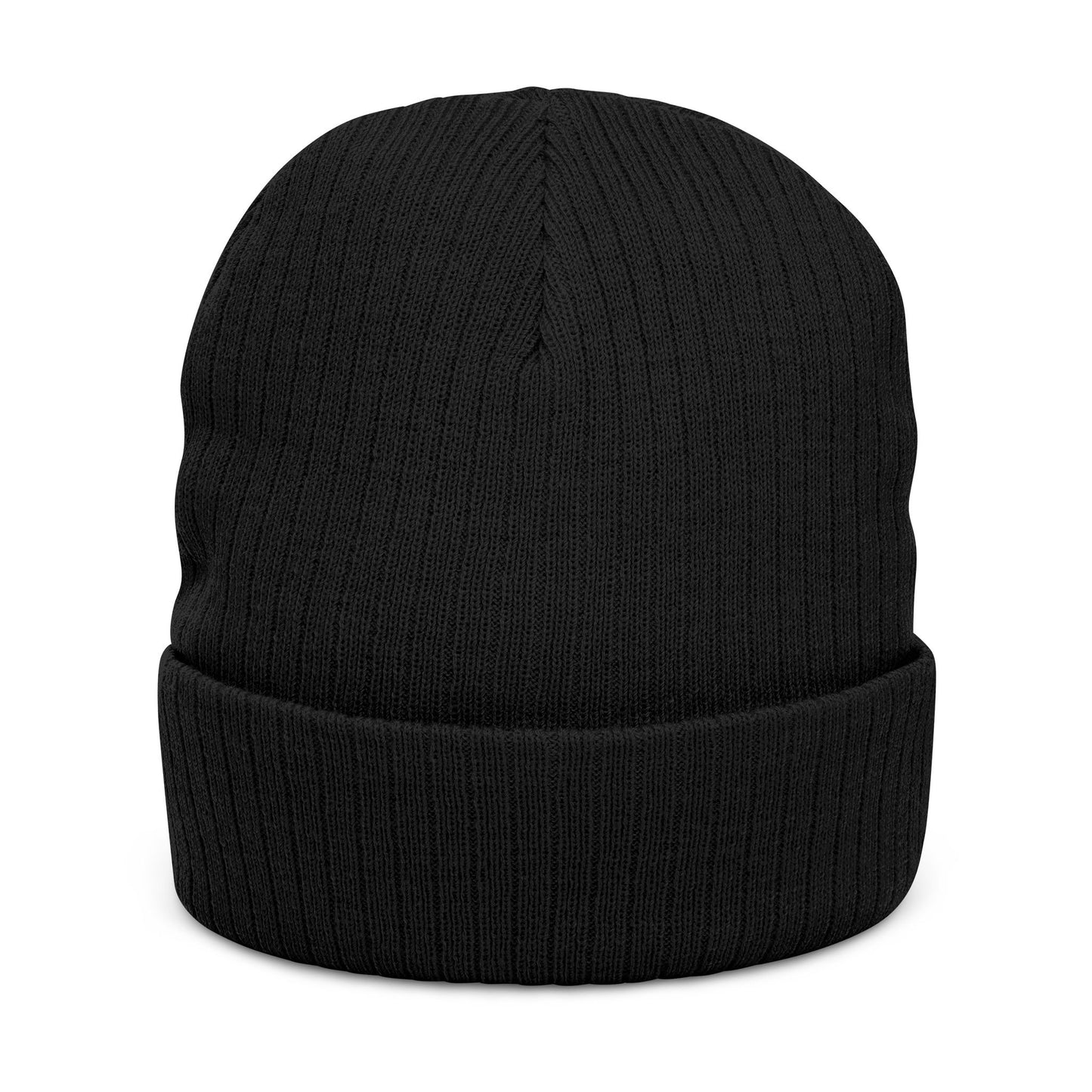 Embroidered Ribbed Beanie — Streetwear Black Knit Hat with White Graffiti Text