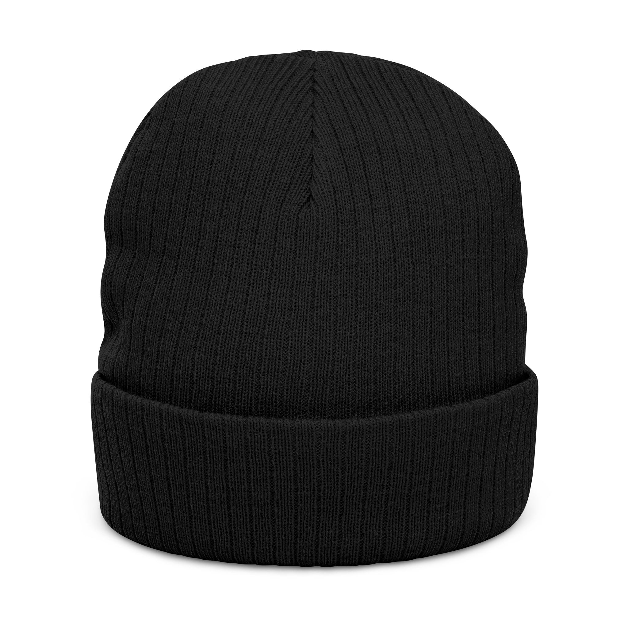 Embroidered Ribbed Beanie — Streetwear Black Knit Hat with White Graffiti Text