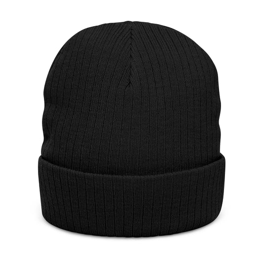 Embroidered Ribbed Beanie — Streetwear Black Knit Hat with White Graffiti Text