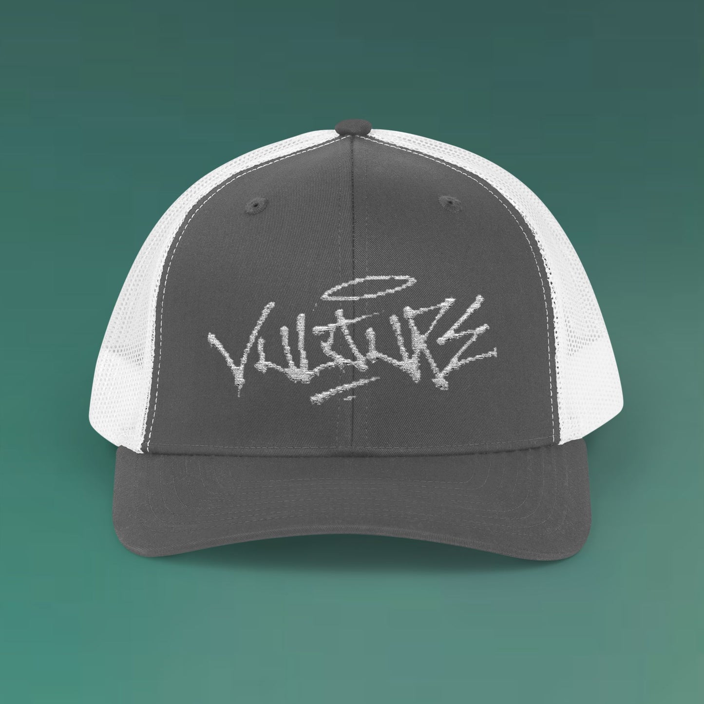White Trucker Cap with 'Vibrate' Script Embroidery — Retro Mesh Snapback Hat