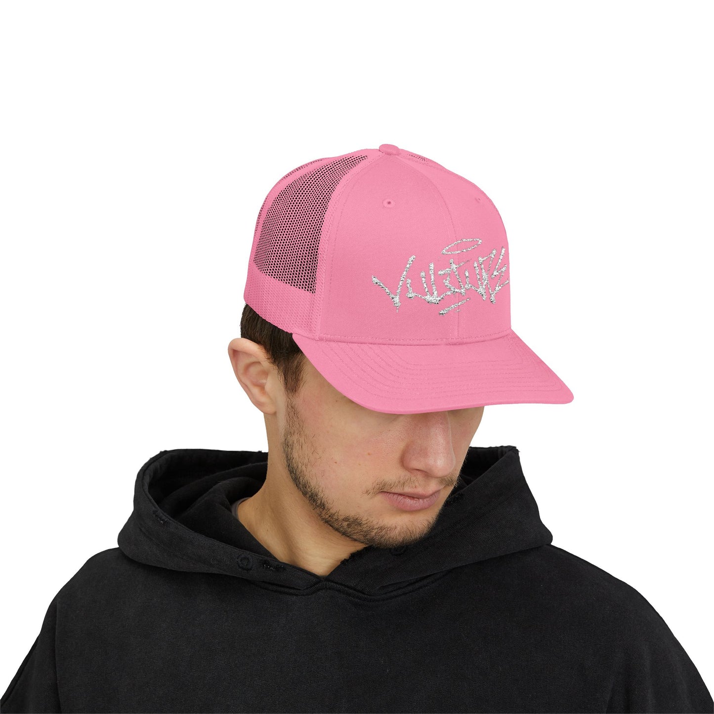 White Trucker Cap with 'Vibrate' Script Embroidery — Retro Mesh Snapback Hat