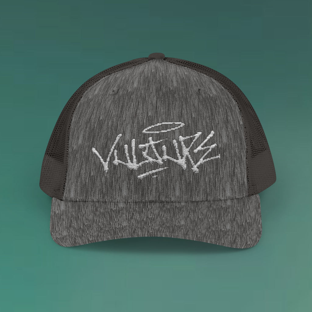 White Trucker Cap with 'Vibrate' Script Embroidery — Retro Mesh Snapback Hat