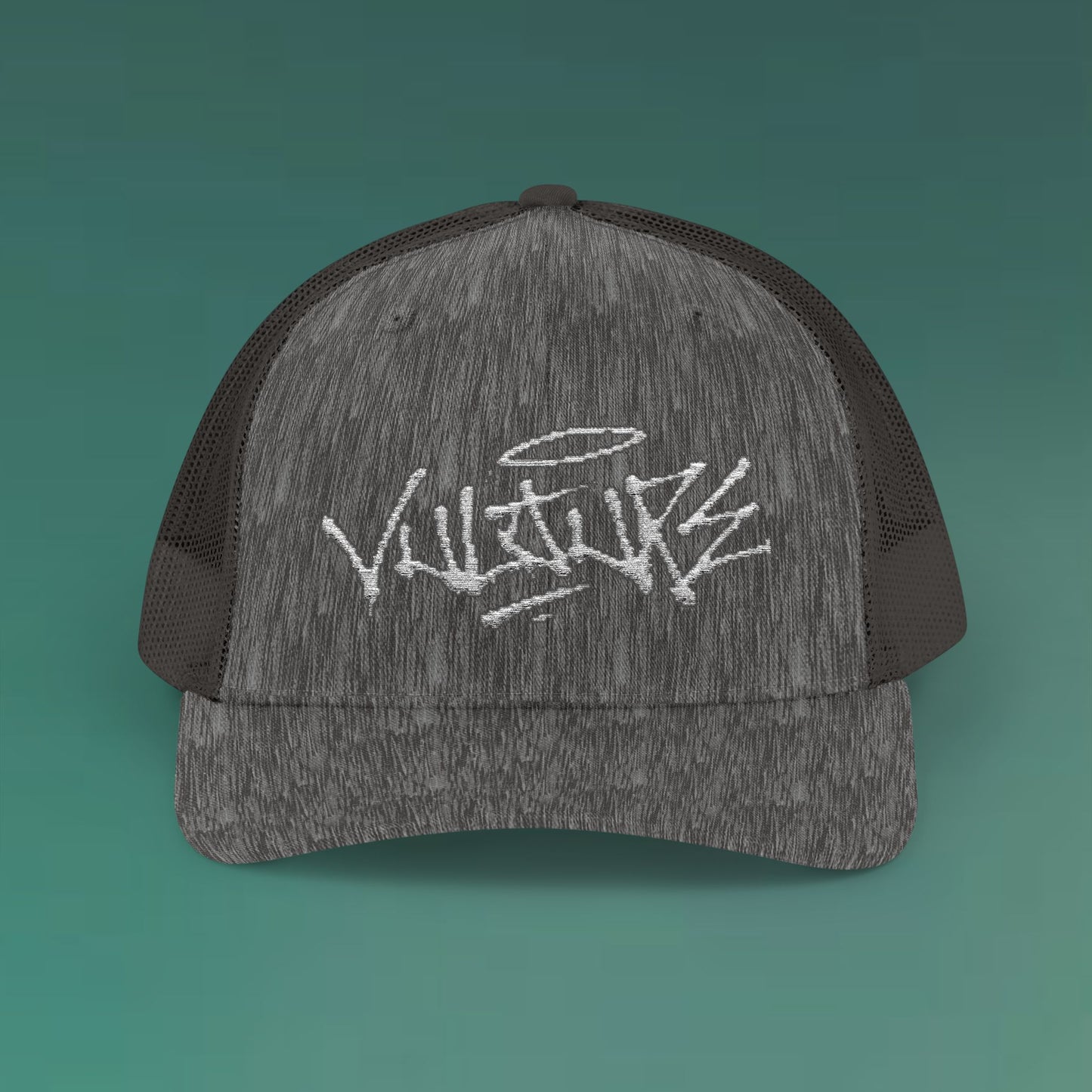 White Trucker Cap with 'Vibrate' Script Embroidery — Retro Mesh Snapback Hat